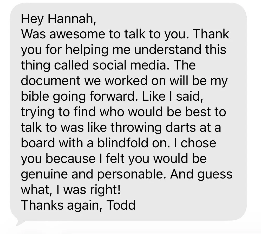 A screenshot of a text message conversation where Todd thanks Hannah for talking and helping him understand social media, mentioning a document they worked on and comparing talking to finding who to talk to like throwing darts.