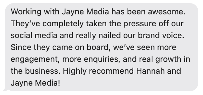 Screenshot of a positive review for Jayne Media praising their branding services and recommending Hannah and Jayne Media.