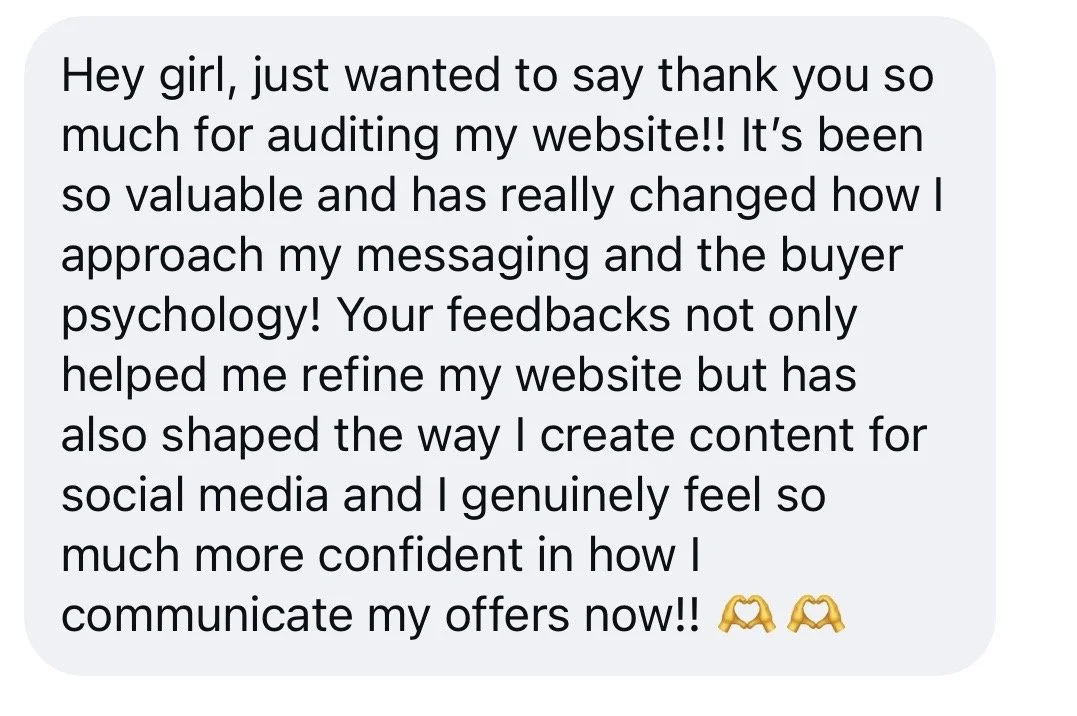 Screenshot of a text message expressing gratitude for website branding and messaging feedback.