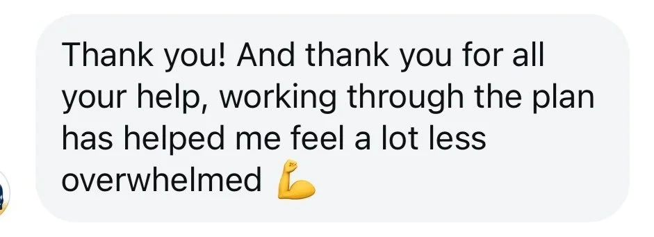 A text message expressing gratitude and relief after receiving help and working through a plan, with a flexed bicep emoji.