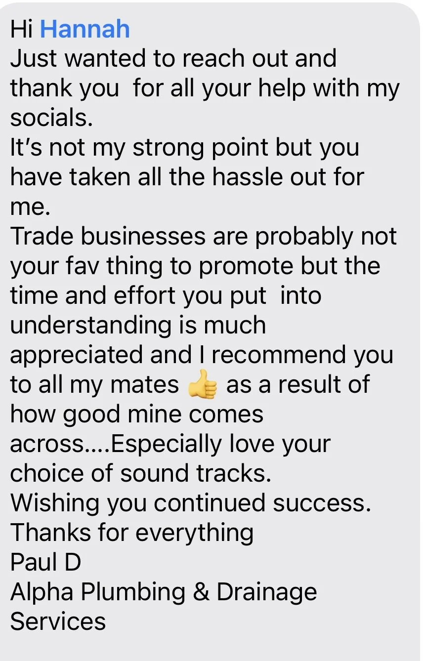 Screenshot of a thank you message from Paul D at Alpha Plumbing & Drainage Services addressed to Hannah, expressing gratitude for her help with social media and sound track choices.
