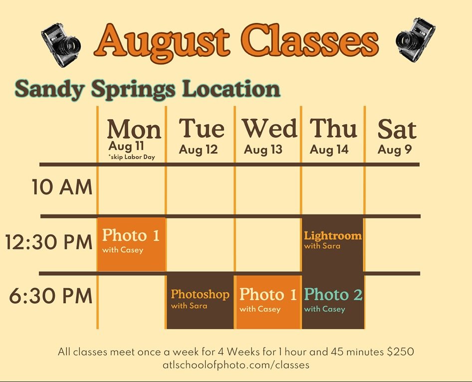 😎☀️August Classes are posted 📸🌆

Come join @atlschoolofphoto and our amazing team of instructors to take your photography to the next level! A range of opportunities at both of our amazing locations! Sign up through the link in our bio 🔗.
.
.
.#a