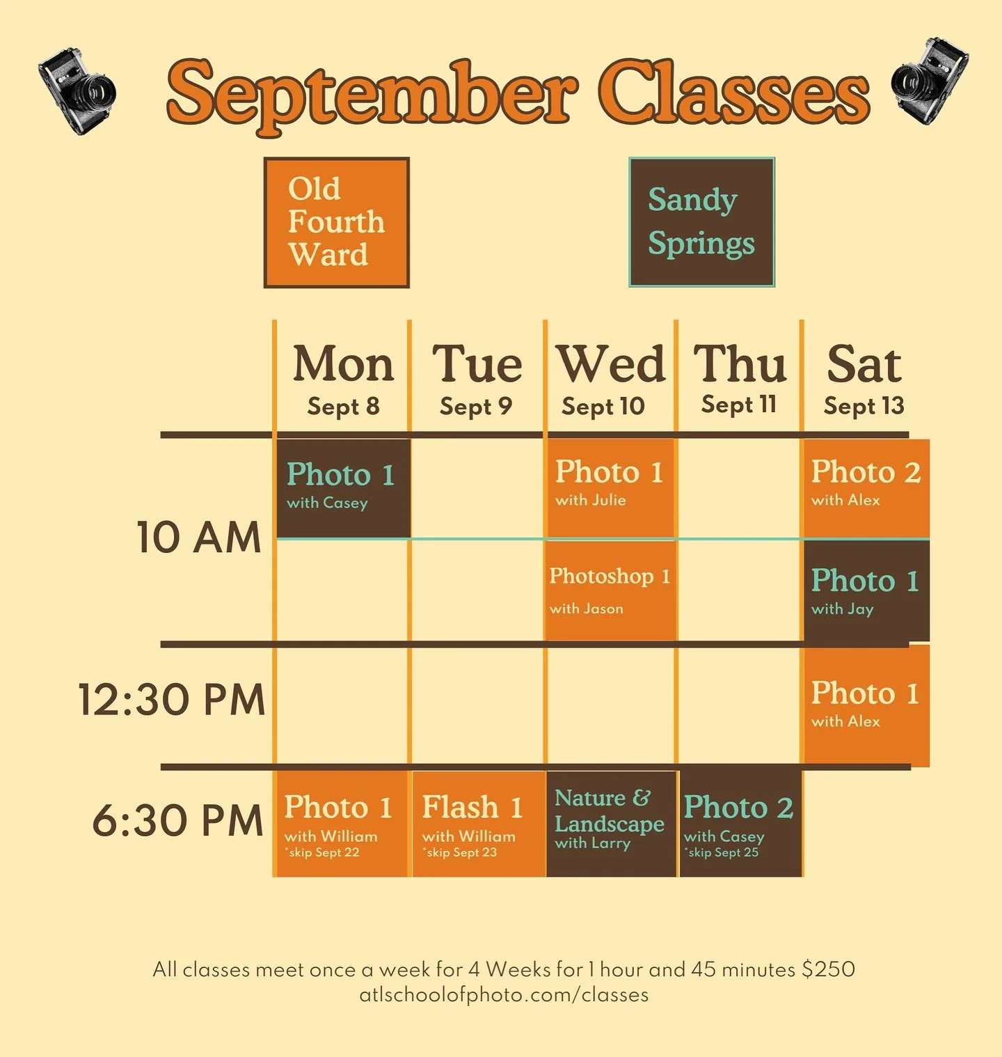 Did World Photography Day get you excited to take awesome photographs? It made us so excited we released our September Class dates!!! 

Register now for both our Sandy Springs and O4W locations on our website! 🔗 Link in bio 🔗 or comment SEPTEMBER f