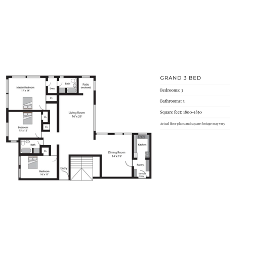 Grand 3 Bedroom Floor Plan — El Royale Apartments