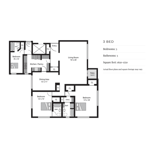 3 Bedroom Floor Plan — El Royale Apartments