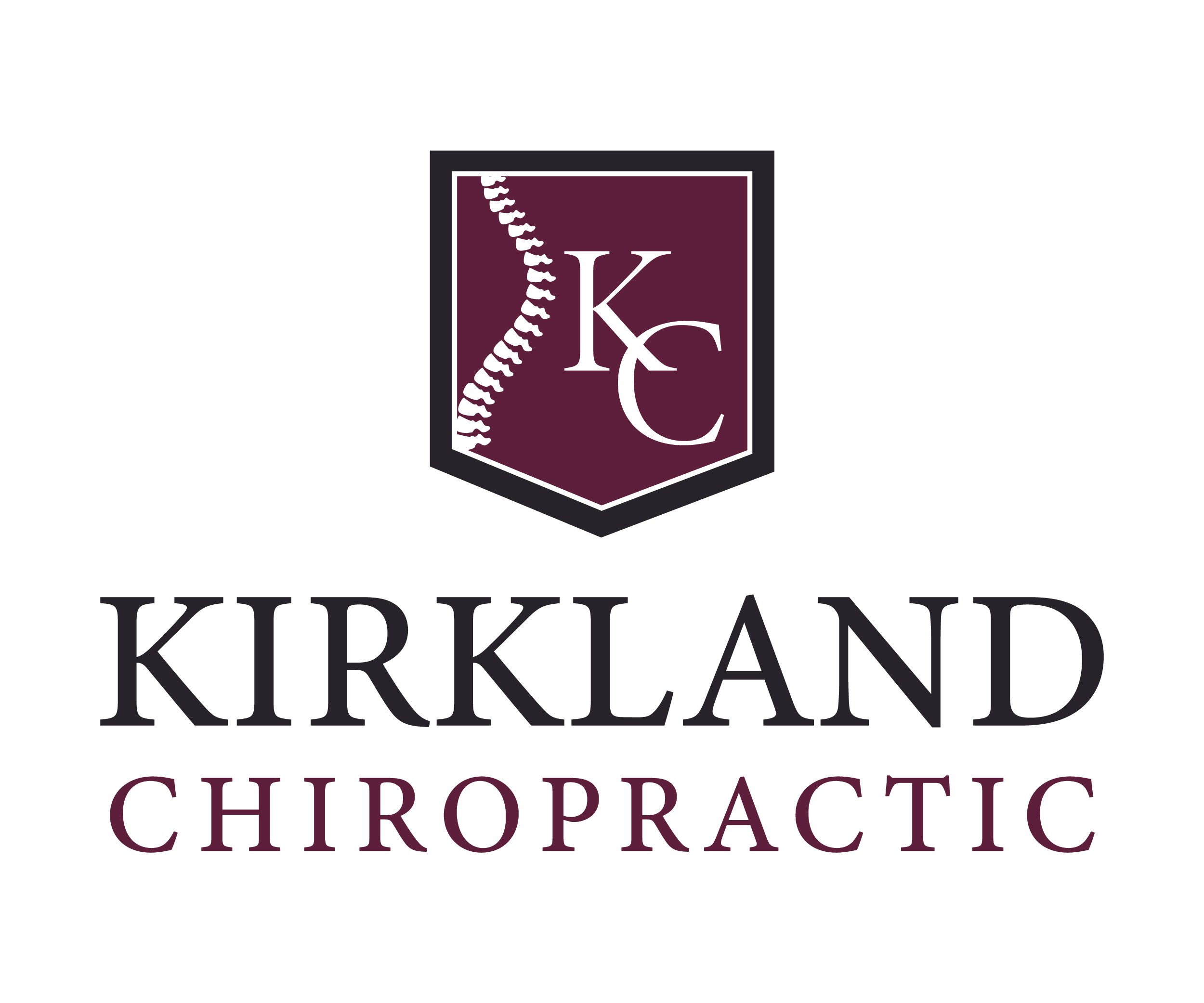 Logo for Kirkland Chiropractic featuring a shield with a stylized spine outline and the letters 'KC' inside. The text below reads 'KIRKLAND CHIROPRACTIC' in bold, uppercase font.