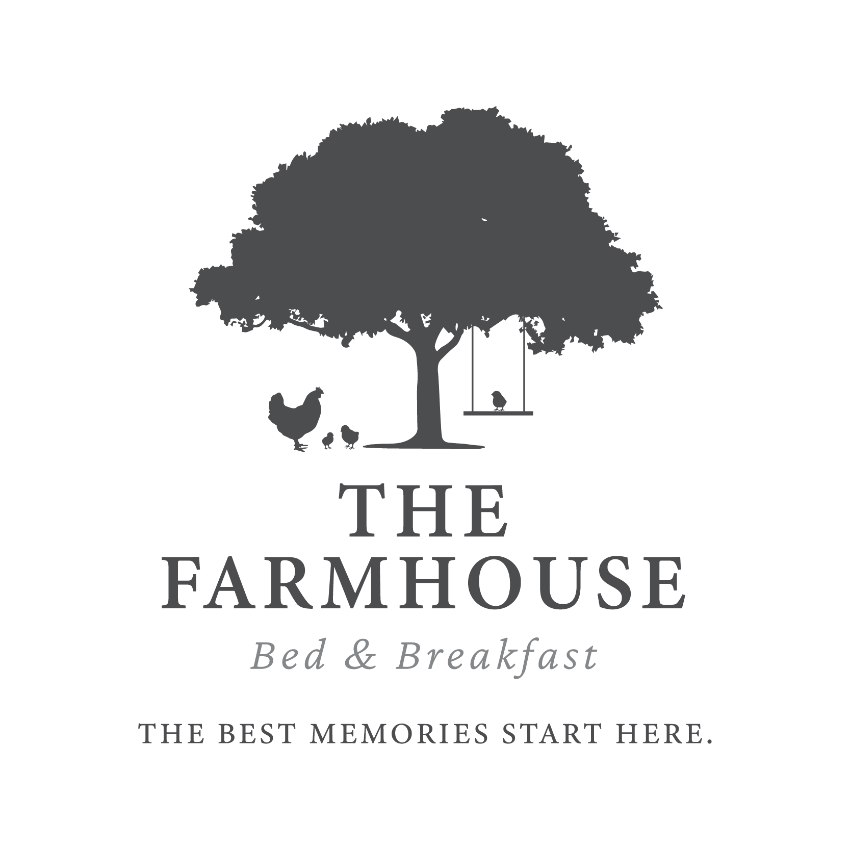 A logo featuring a large tree with a children’s swing hanging from one of its branches, a hen, and three chicks beneath it. Text reads 'The Farmhouse Bed & Breakfast' and 'The best memories start here'.