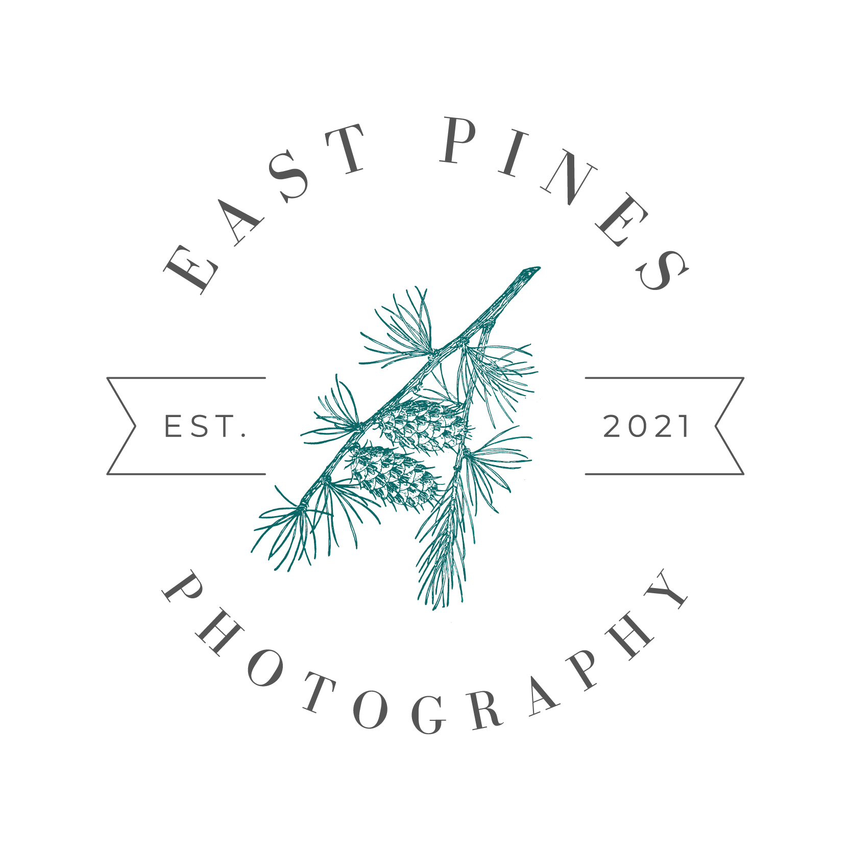 A circular logo with the words 'EAST PINES PHOTOGRAPHY' written around the edge. In the center, there is a drawing of pine branches and pine cones. The logo includes 'EST. 2021' on a banner, with the left and right sides of the banner extending outward.