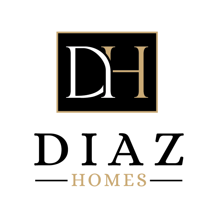 Logo for Diaz Homes featuring initials D and H in a black square with a beige border, and the company name 'DIAZ HOMES' in black and beige text.