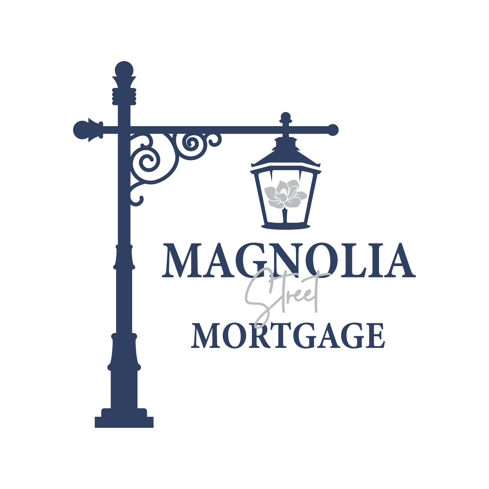 A stylized street lamp with a flower inside the lantern and the words "Magnolia Street Mortgage".