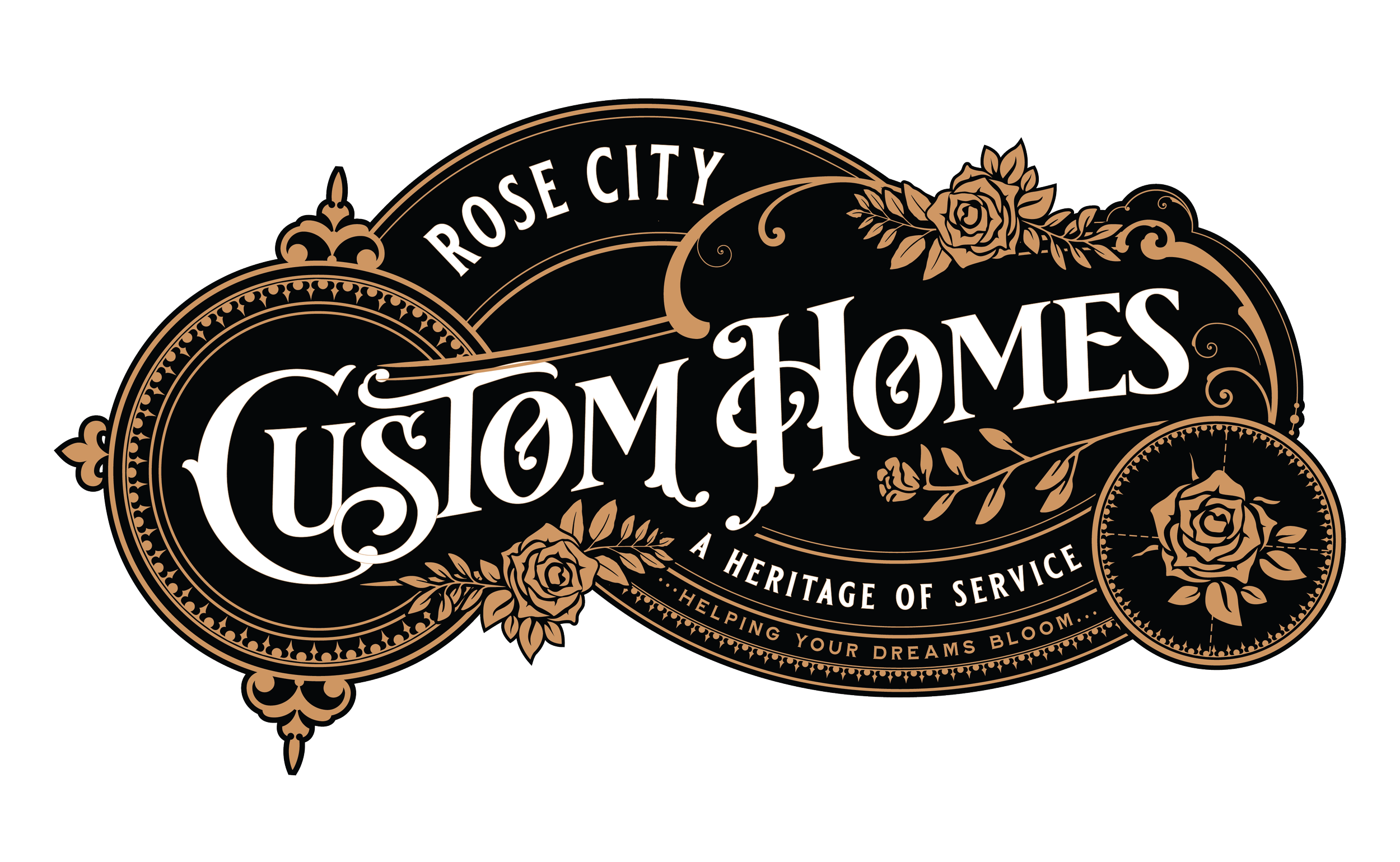 Rose City USA logo with black background, featuring ornate gold and white lettering, floral designs, and the tagline 'Helping Your Dreams Bloom'.