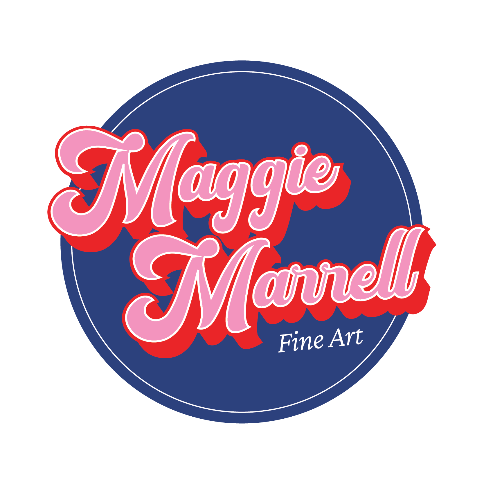 Logo for Maggie Marnell Fine Art featuring pink cursive text with red shadowing inside a blue circle.