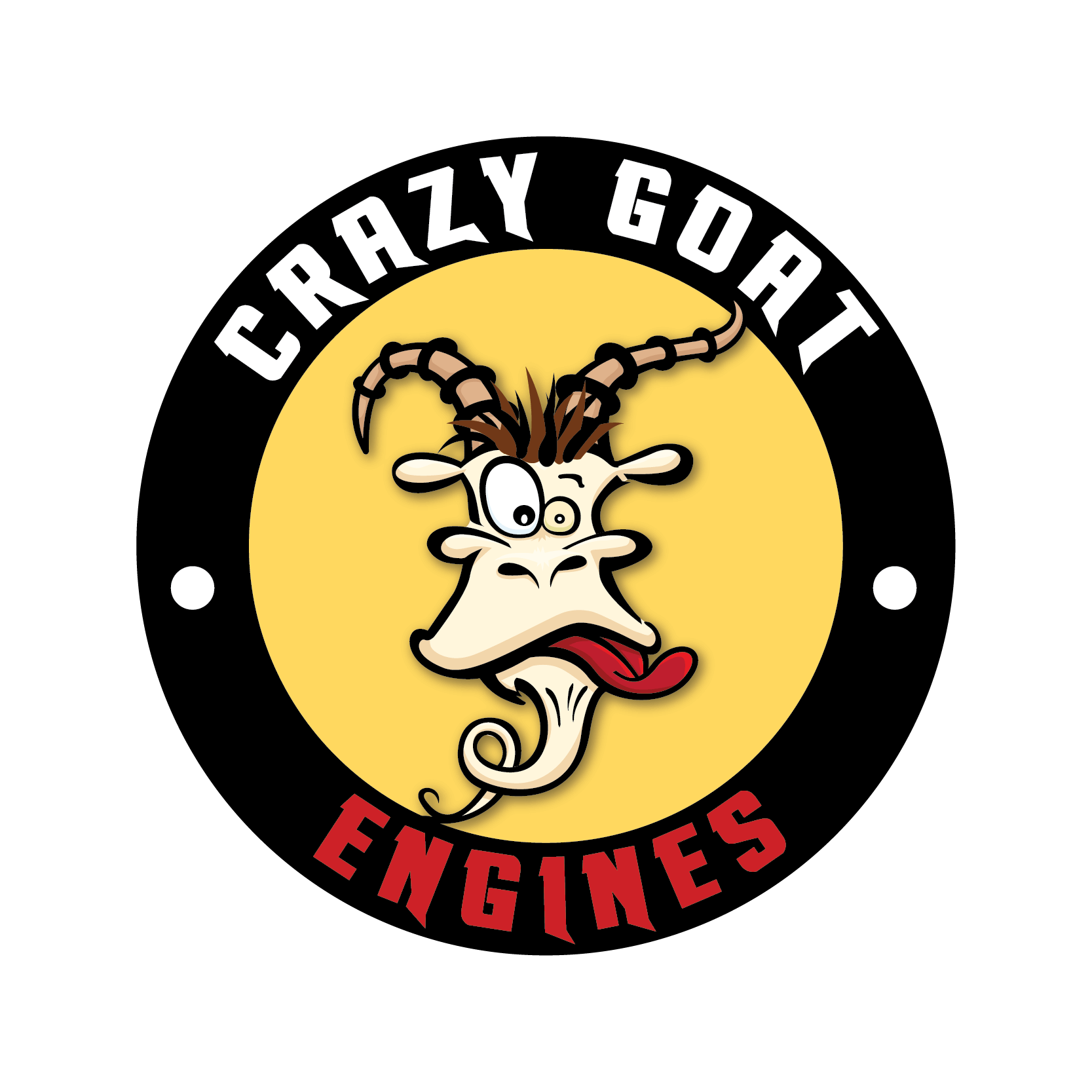 Logo featuring a cartoon goat with playful expression, large eye, tongue out, horns, and brown hair, with the text 'Crazy Goat Engines' above and below.