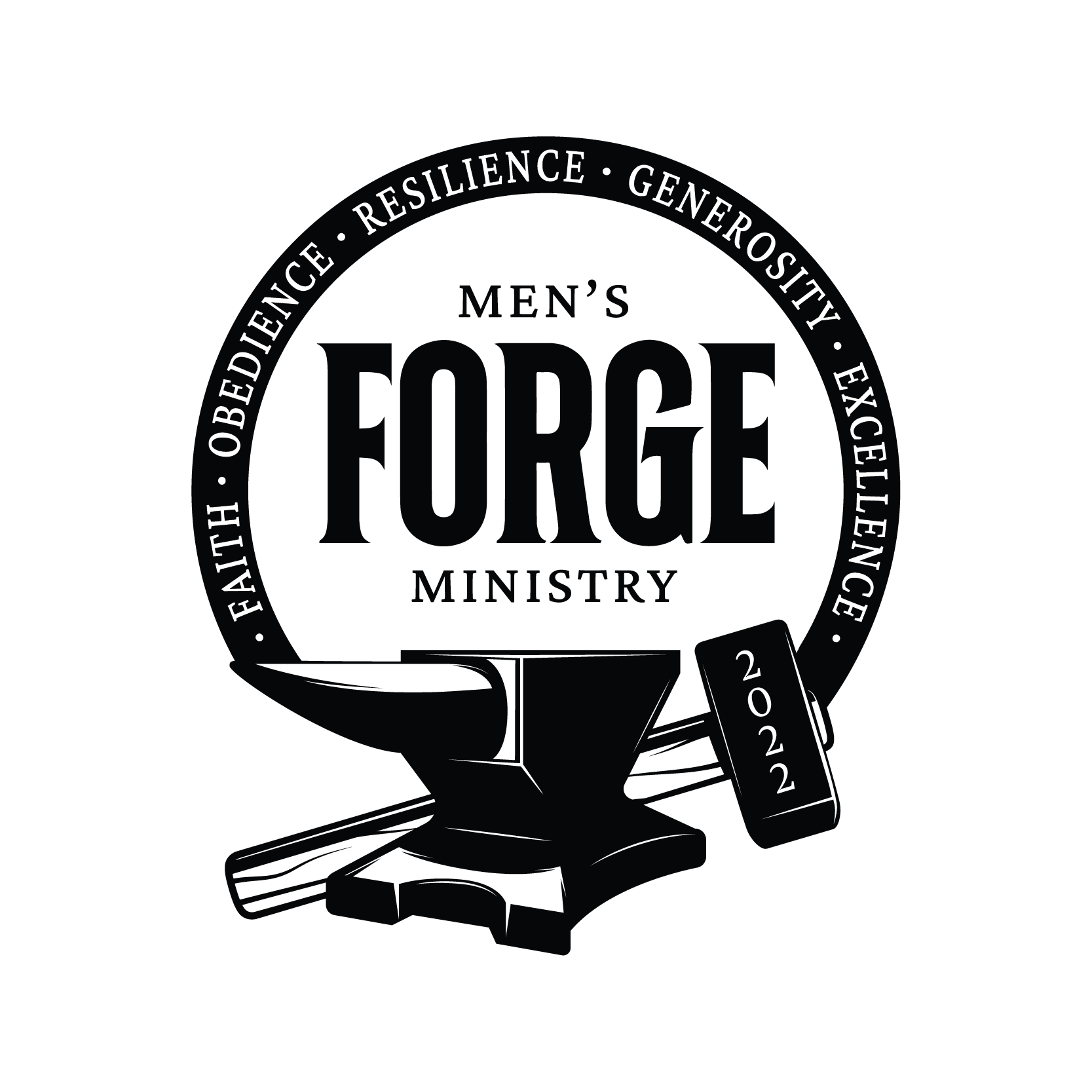 Black circular emblem with white text reading 'Obedience · Resilience · Generosity · Excellence' surrounding a central logo for a men's ministry, featuring a stylized eagle and the words 'Men's' and 'Ministry'.