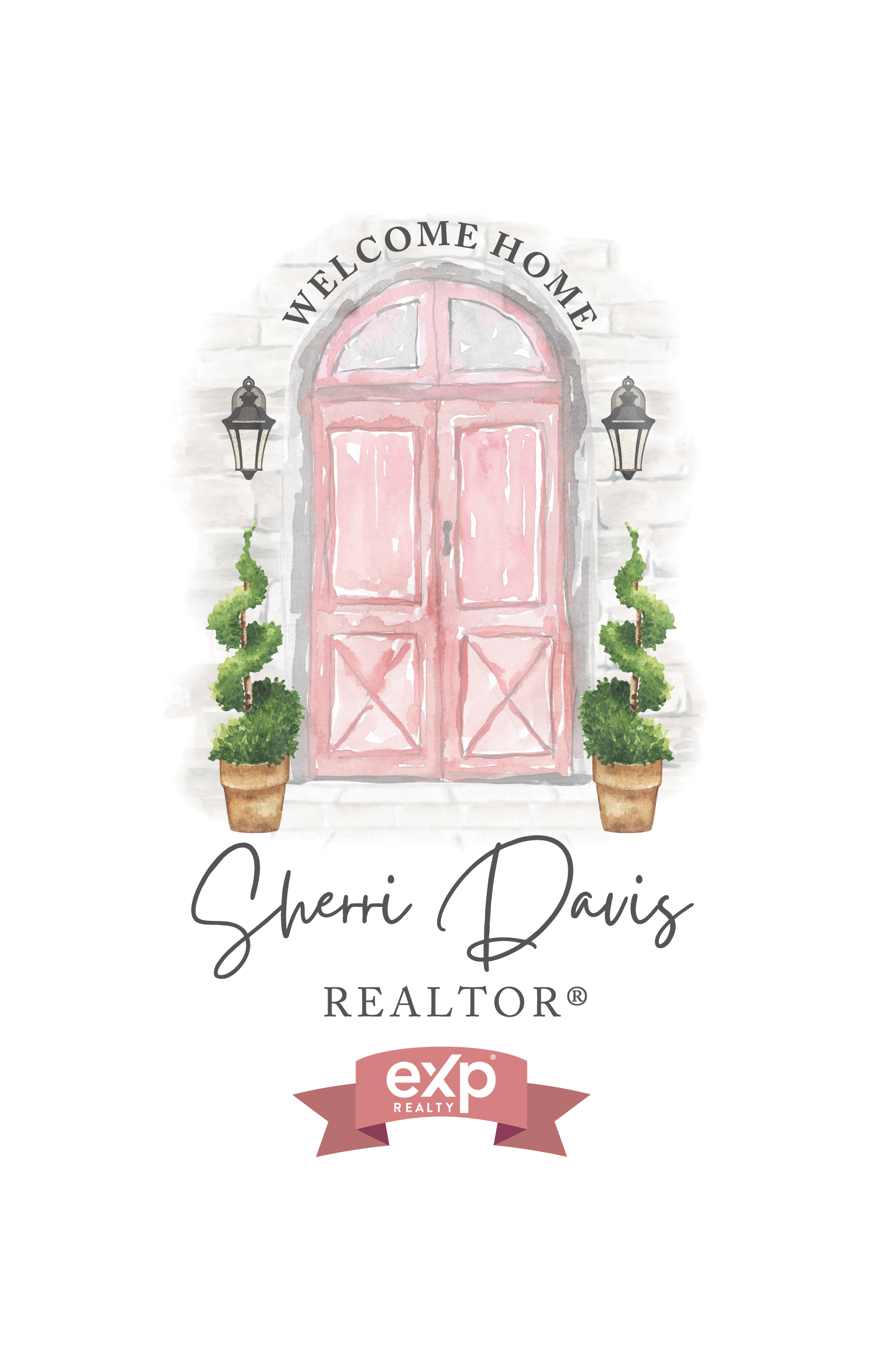 Logo design for Sherri Davis Realtor in Tyler, Texas featuring aWatercolor illustration of a pink arched door with two potted plants and two black lanterns on a brick wall, with the text 'Welcome Home' above the door and 'Sherri Davis REALTOR' below.