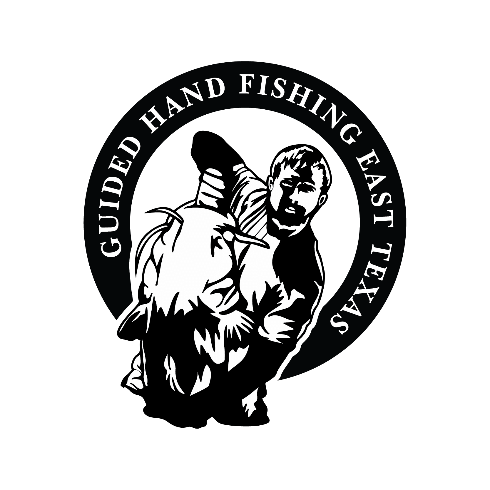 Black and white logo for 'Genuine Hand Fishing Equipment' featuring a man holding a fishing rod.