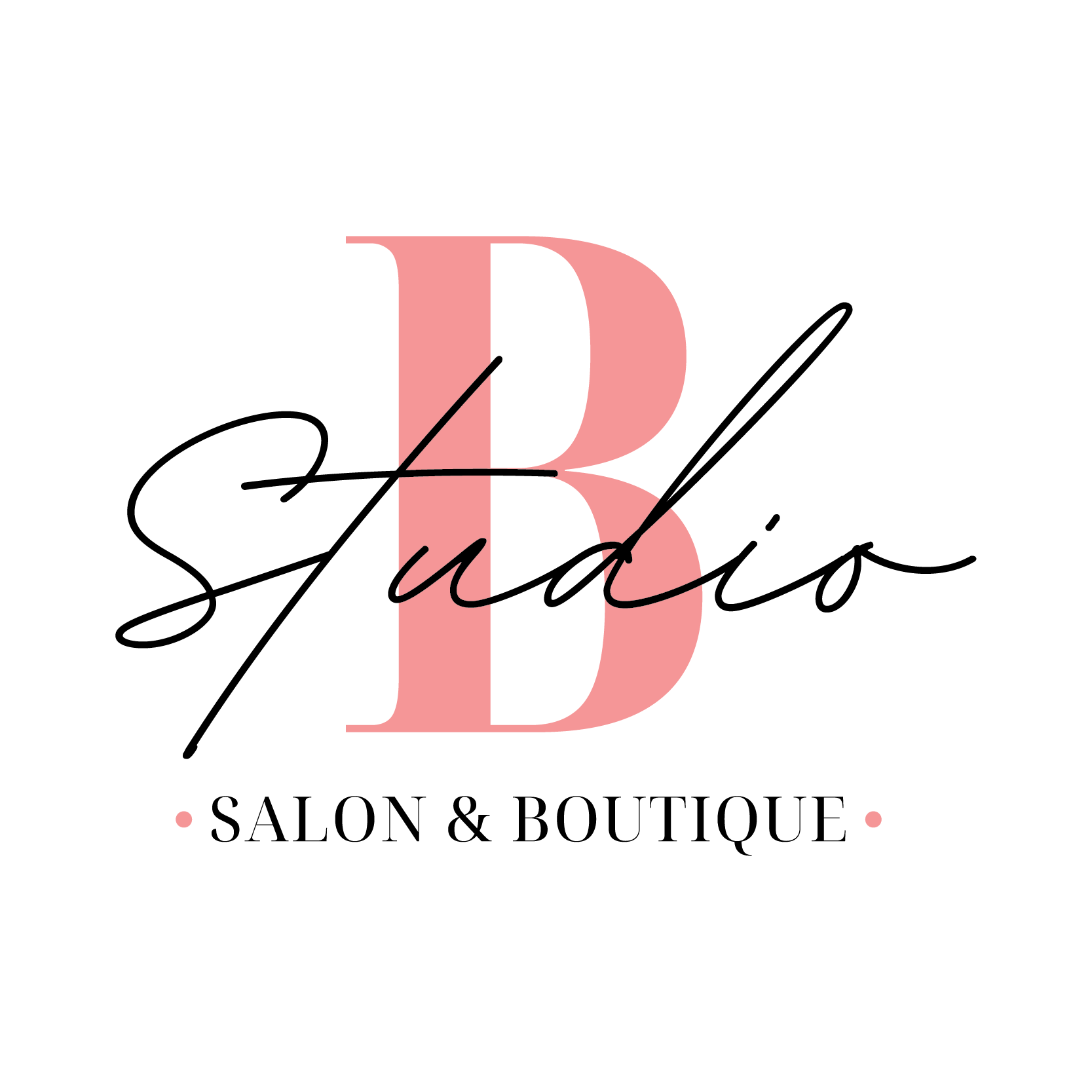 Stylized letter B with pink and black colors, and a small, simple illustration of a woman with curly hair, wearing a dress and high heels, sitting on the lower part of the letter.
