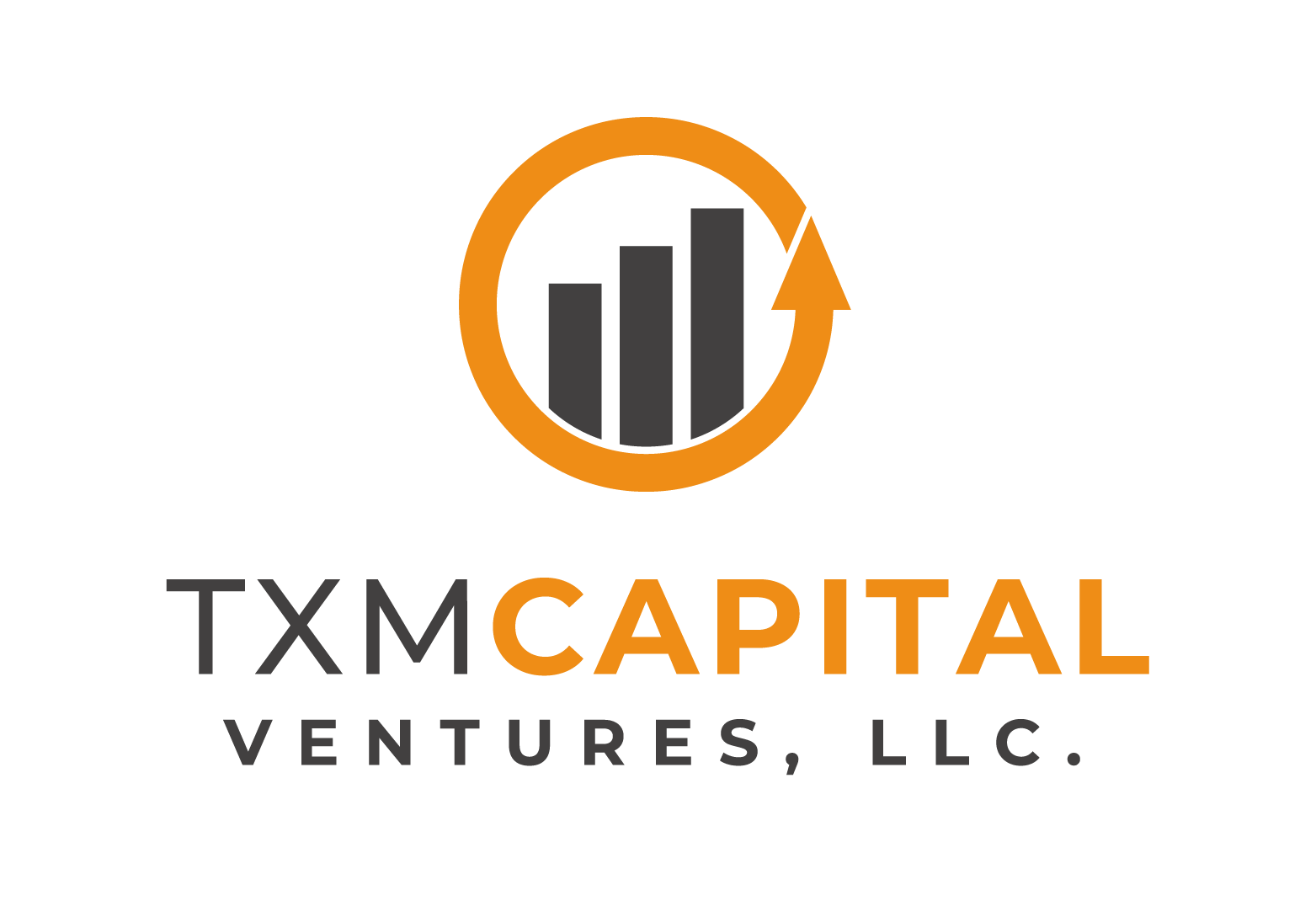 Logo for TXM Capital Ventures, LLC, featuring a bar chart inside an orange circle with an arrow circling the chart, and the text 'TXM Capital Ventures, LLC' with 'CAPITAL' highlighted in orange.