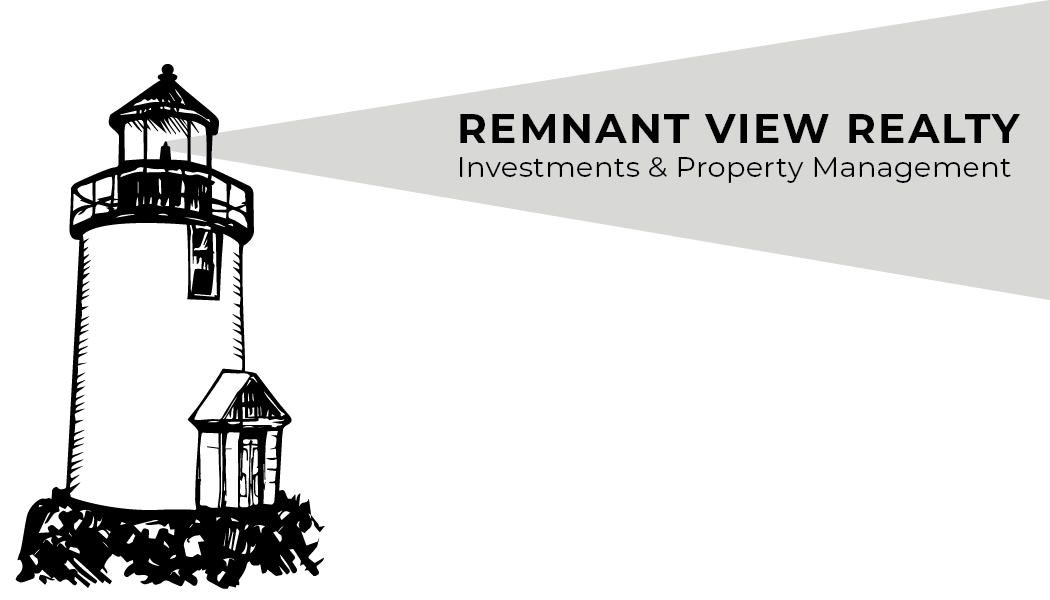 A logo for Remnant View Realty featuring a stylized black and gray eye with text indicating their focus on investments and property management.