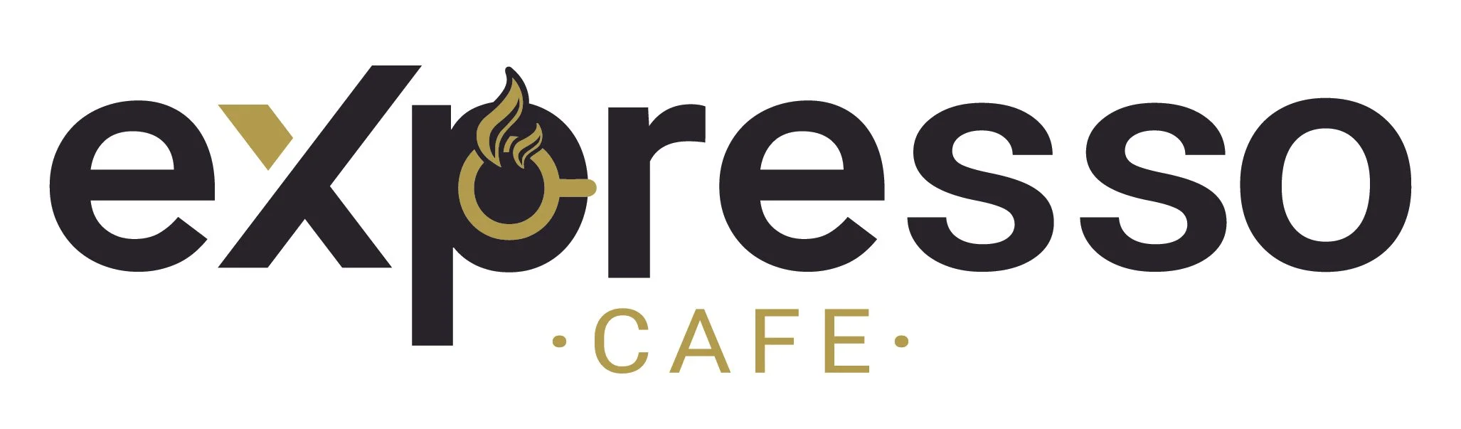 Logo for Exposo Cafe featuring the name in black and gold colors with a stylized coffee cup incorporated into the letter 'x'.