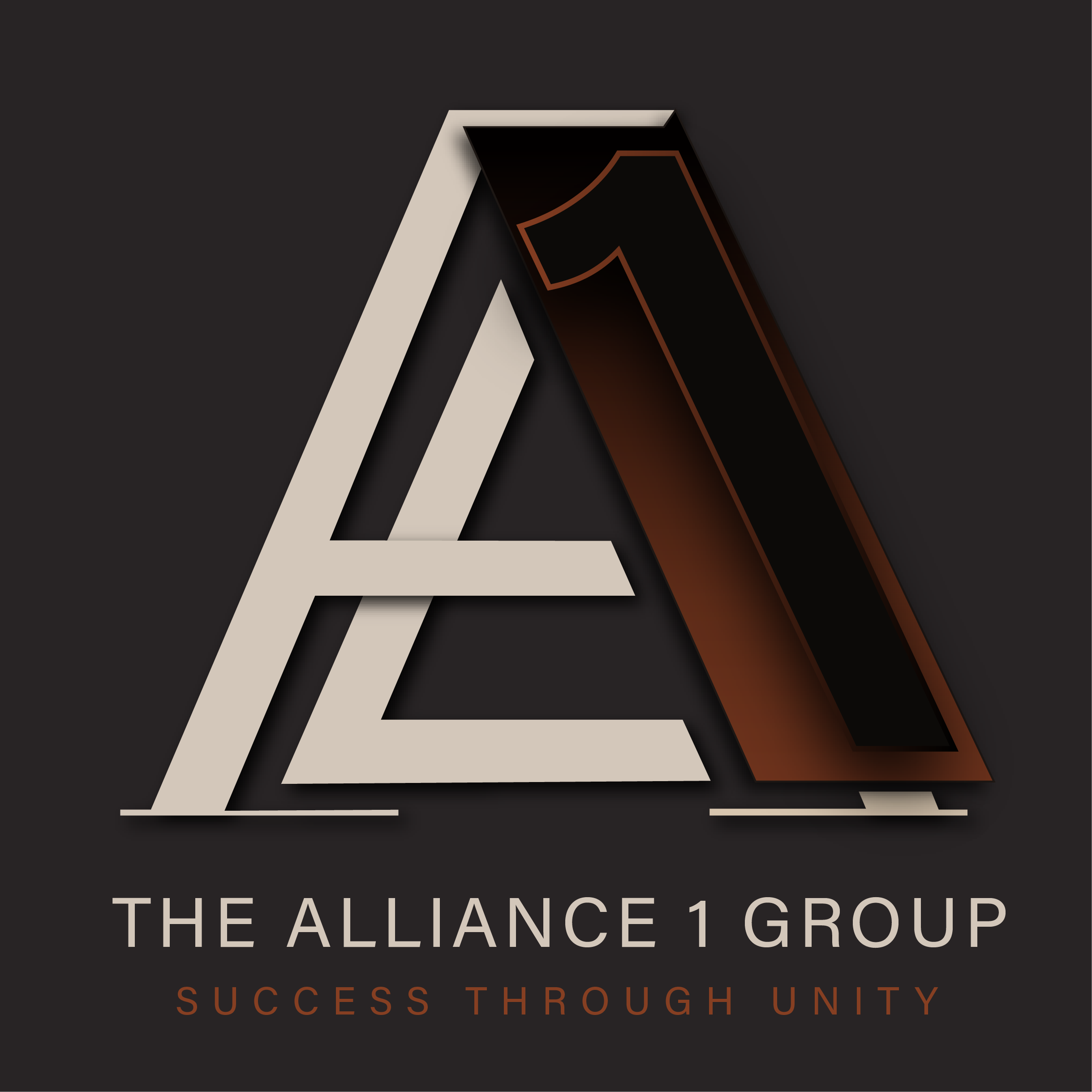 Logo of The Alliance 1 Group, featuring a stylized 'A' with a zigzag line in the middle, on a dark background with the words: 'Success through Unity'.