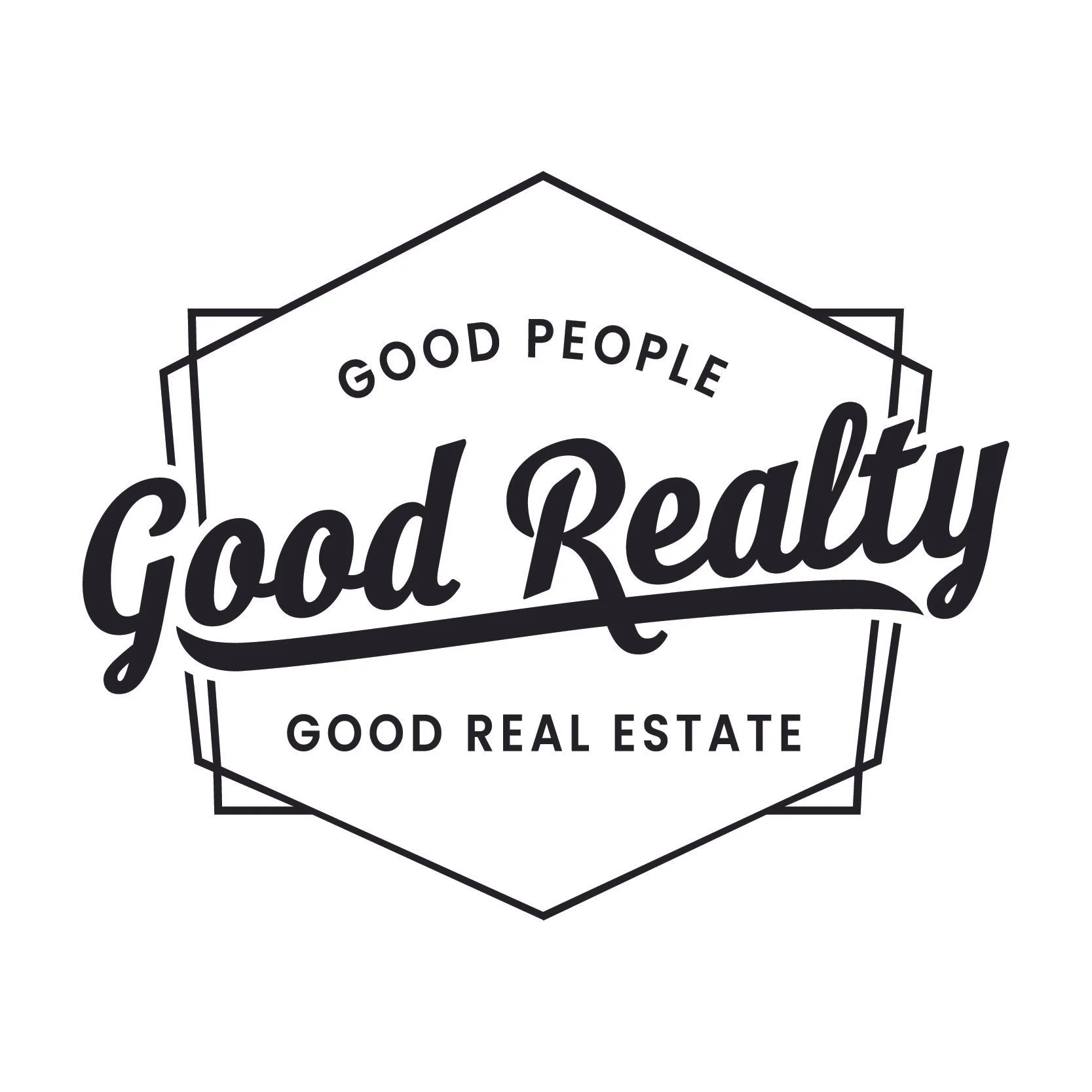 A black and white logo with the text 'Good People, Good Realty, Good Real Estate' enclosed in a geometric border.