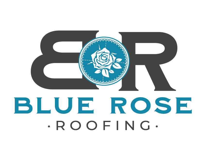 Blue Rose Roofing logo with a large gray 'B' and 'R' and a blue rose inside a circular emblem.