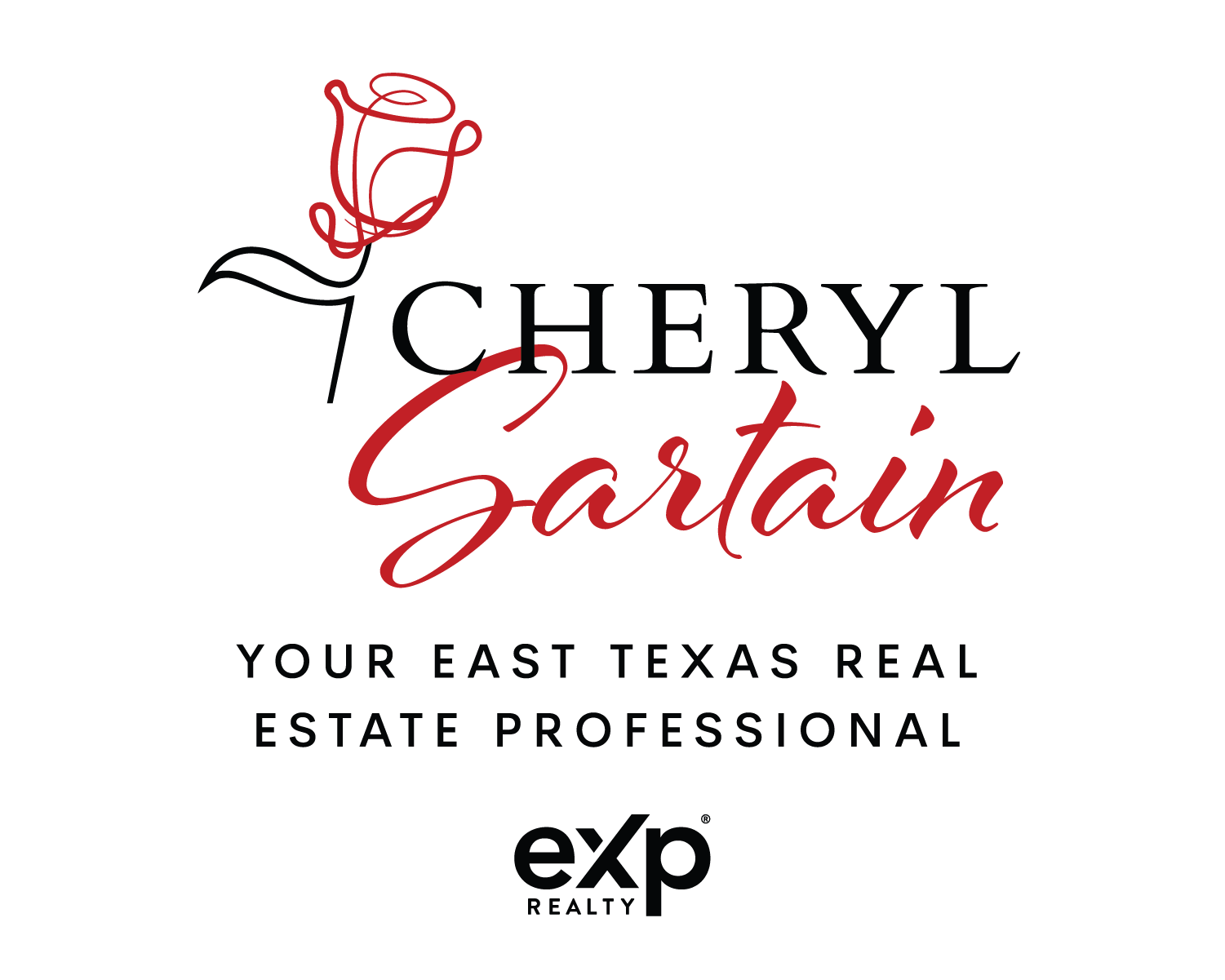 Cheryl Sartain logo with a red line drawing of a rose, black text, and a black background.