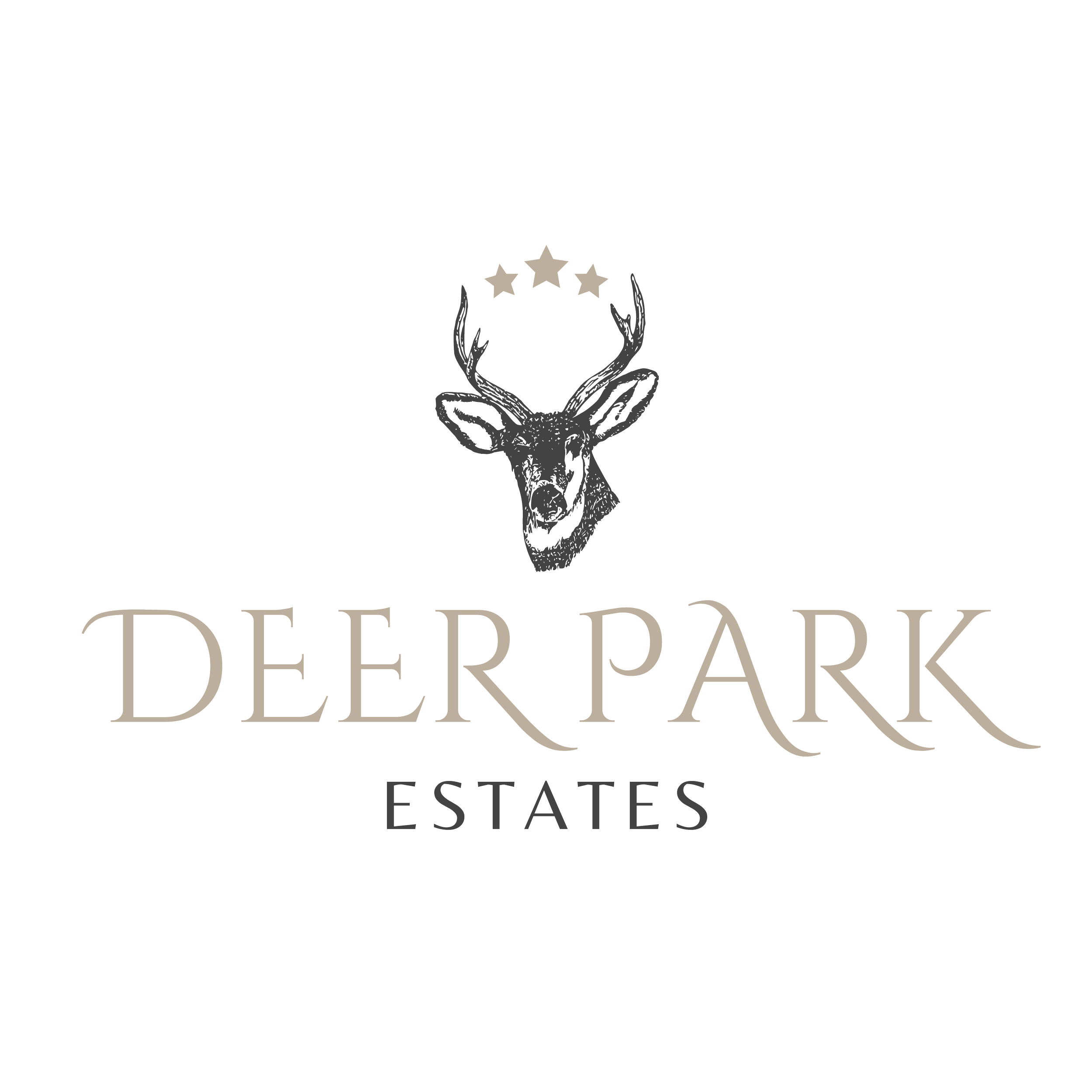 Black background with a gray outline of a deer head with antlers, four gray stars above it, and the words 'DEER PARK ESTATES' written below in large, elegant gray font.