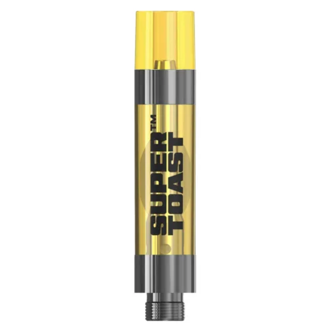 Yellow and gray vape cartridge with the words 'Super Toast' printed on it.