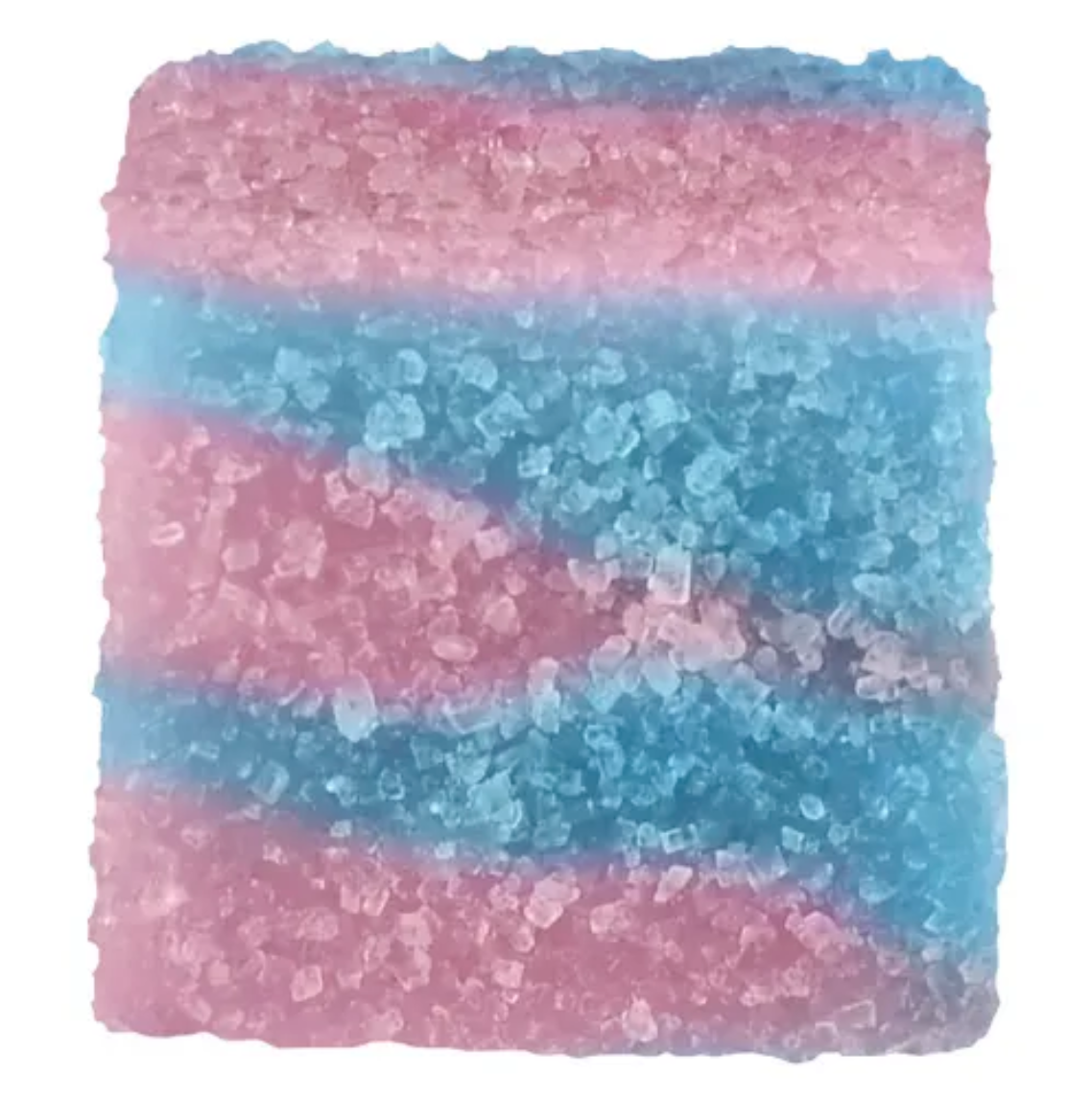 Close-up of a pastel-colored sugar coated gummy with pink and blue layers and textured granules.
