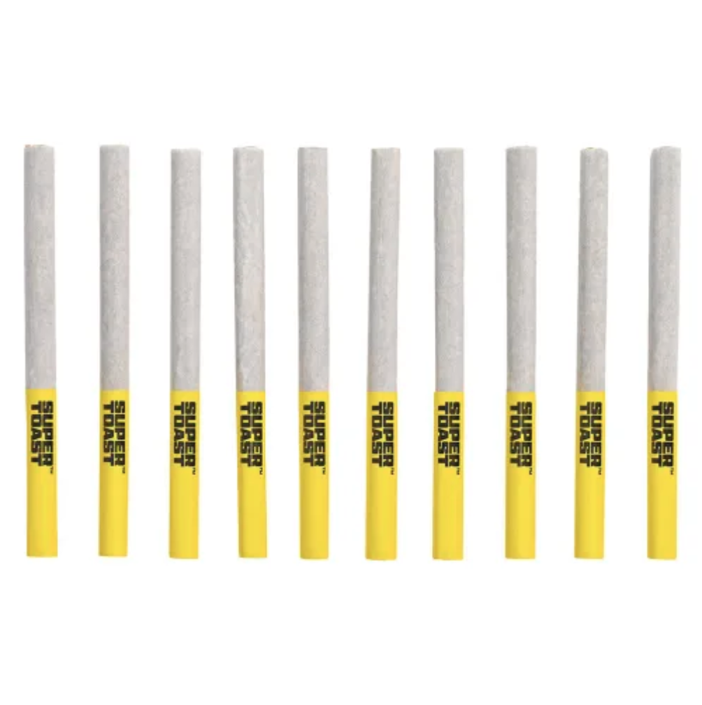 A row of ten white joint sticks with yellow and black 'Super Last' labels on a white background.