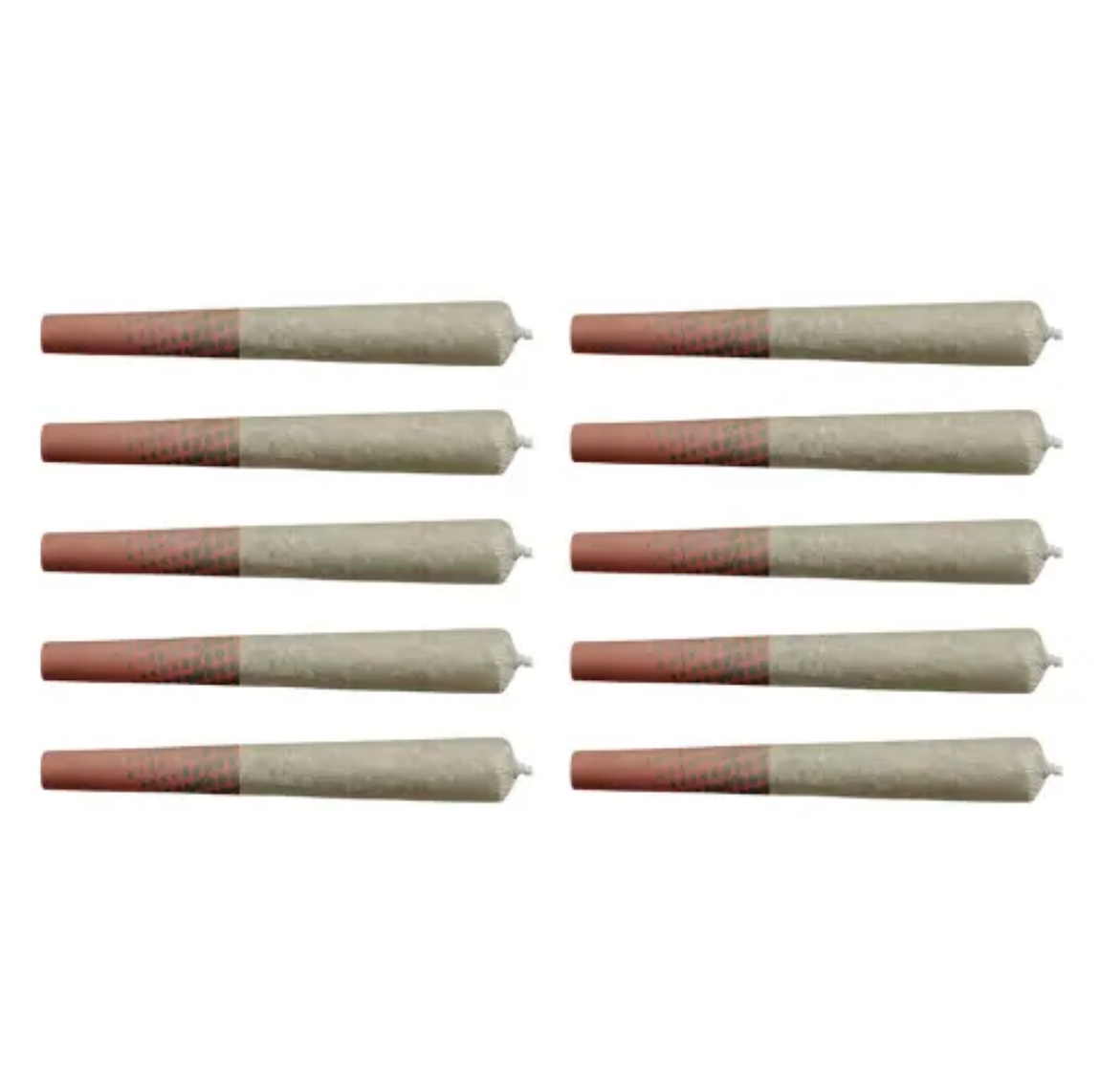 Ten rolled joints arranged in two columns on a white background.