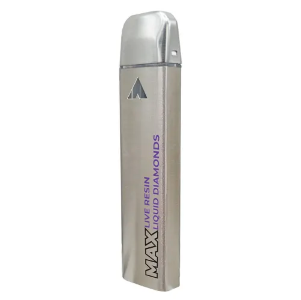 A silver vape pen with the brand name 'MAX LIVE RESIN LIQUID DIAMONDS' printed on it in purple letters.