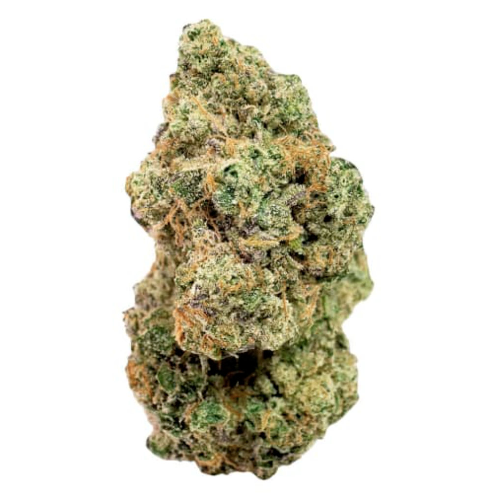 Close-up of a cannabis bud with green, orange, and purple hues, covered in trichomes.