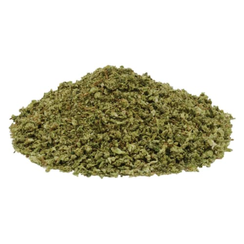 A mound of ground green marijuana, on a plain white background.