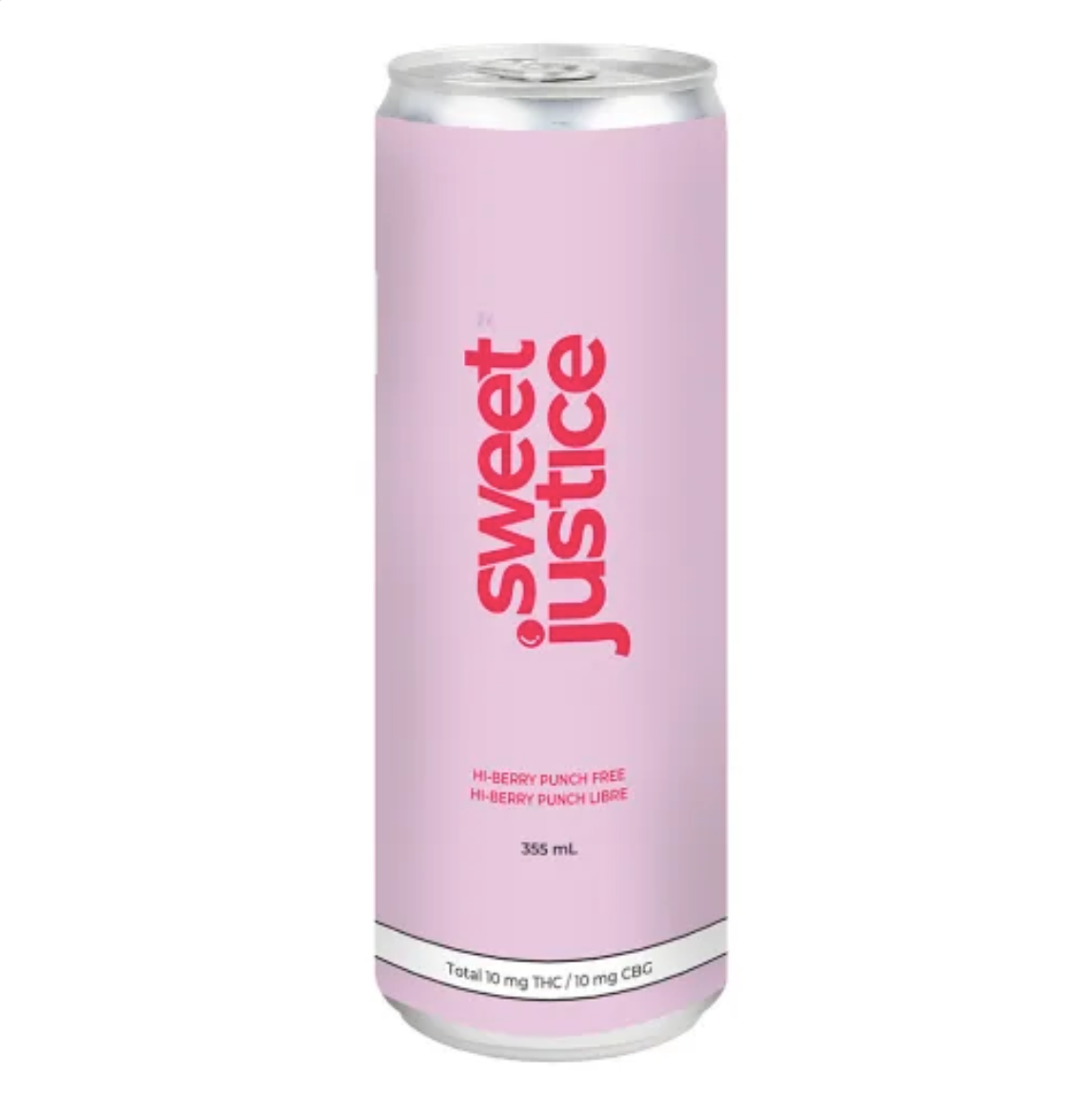 Pink beverage can labeled 'Sweet Justice' with flavor description 'Hi-Berry Punch Free, Hi-Berry Punch Libre,' 355 mL, containing 10 mg THC and 10 mg CBG.