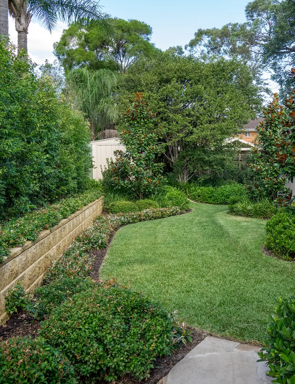 Curved lawn path through a lush garden with trimmed shrubs, trees, and greenery.