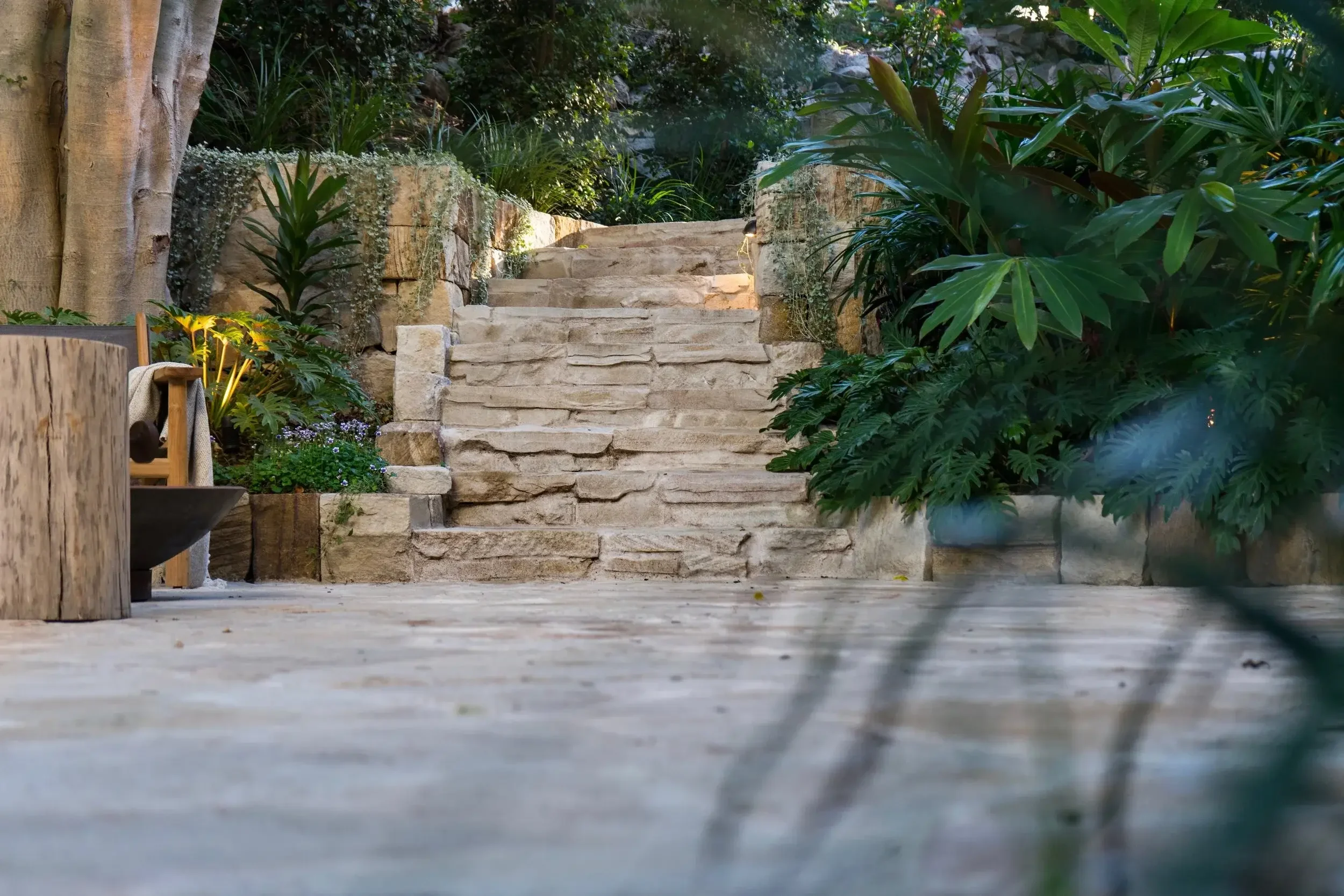 Stone steps leading up from a paved patio, surrounded by lush green plants and trees