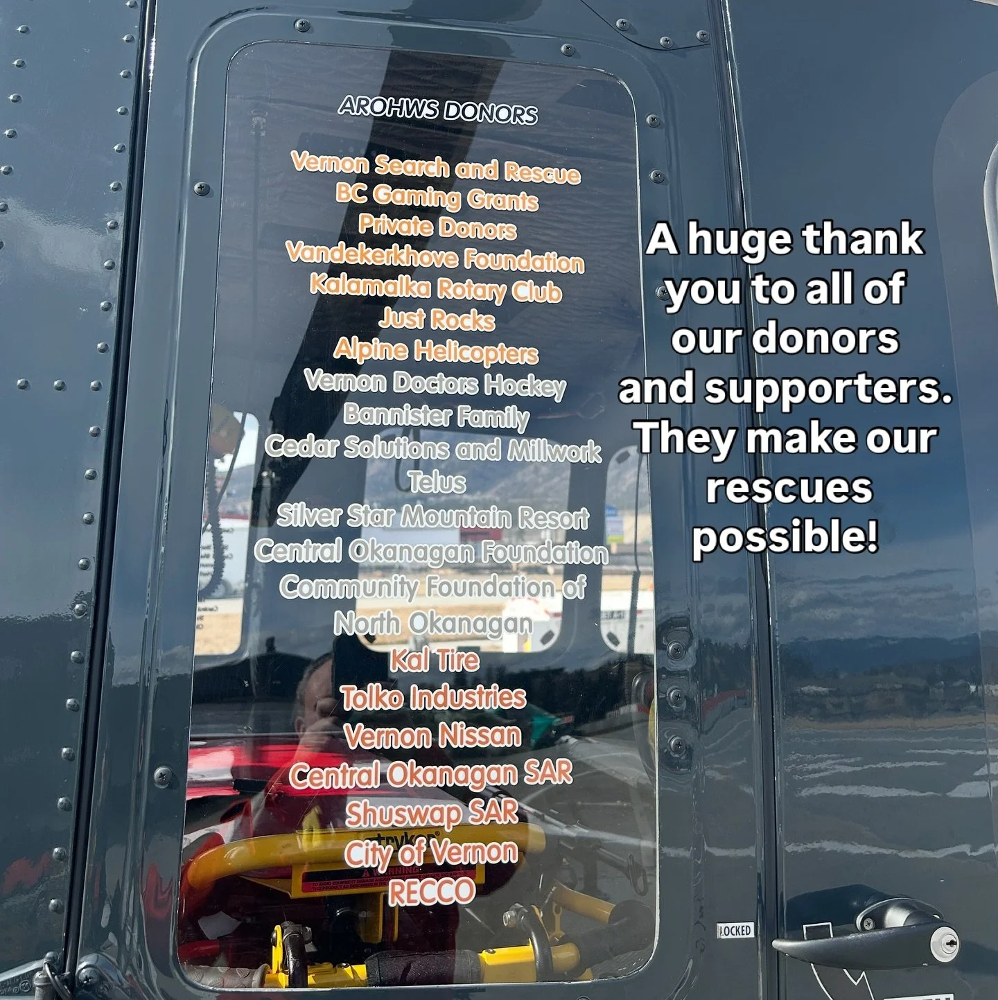 A huge thank you to all of our donors and supporters. They make our rescues possible! #vernonsearchandrescue #bccommunitygaminggrants #kalrotarydreamauction #justrocks #alpinehelicopters #vernondoctorshockeytourment #bannistergmvernon #cedarsolutions