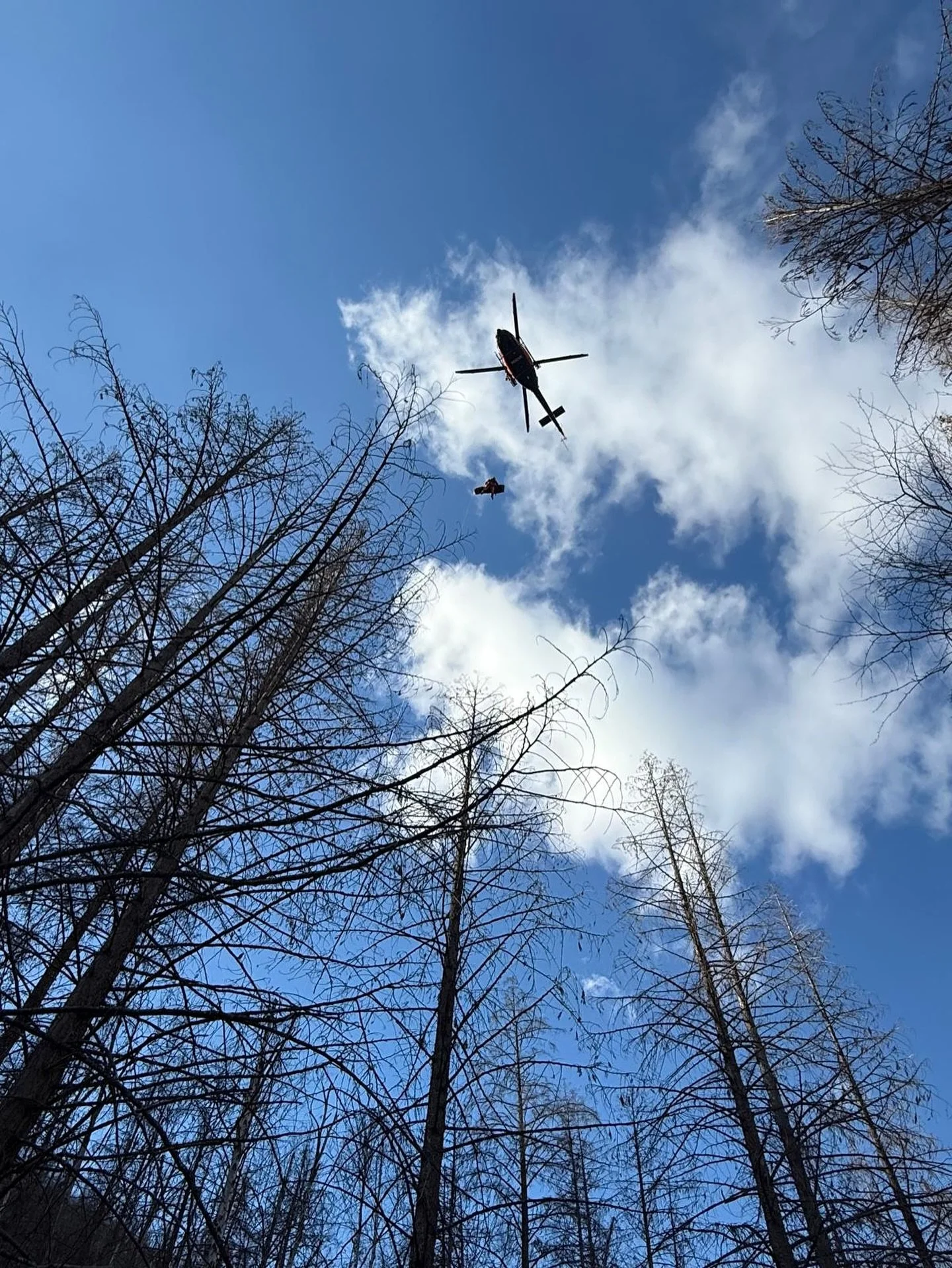 High stretcher lift, from a recent burn area, yesterday. Great to be working with all the great COSAR members, BCEHS PCP and ALS paramedics, and West Kelowna Fire. Hope the patients make a fast recovery! #bell412 #bell412ep #rescue #sar #vernonsearch