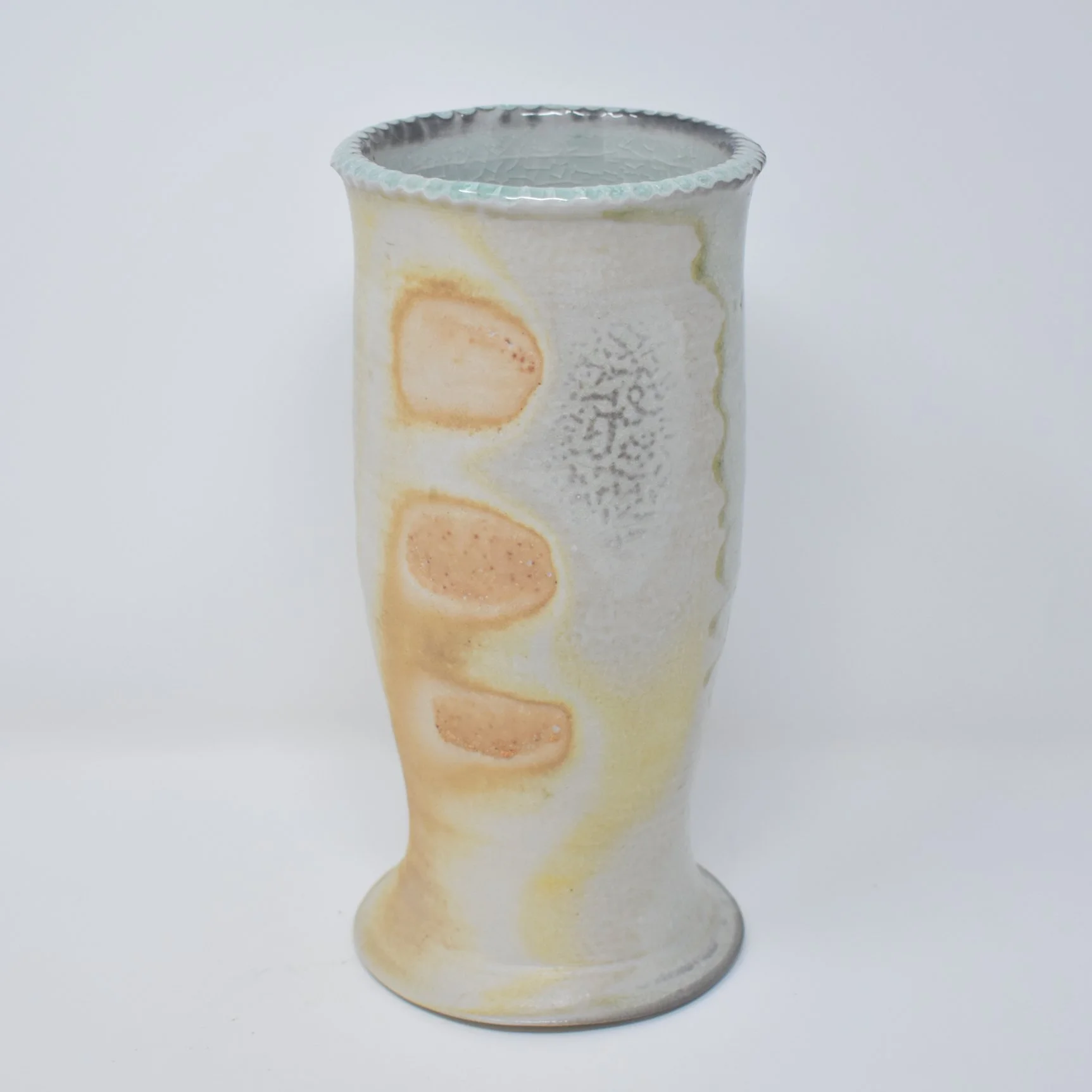 Ruffle Edged Vase with spots, 2023, 3.75x7.5", porcelain, wood-soda fired to cone 10
