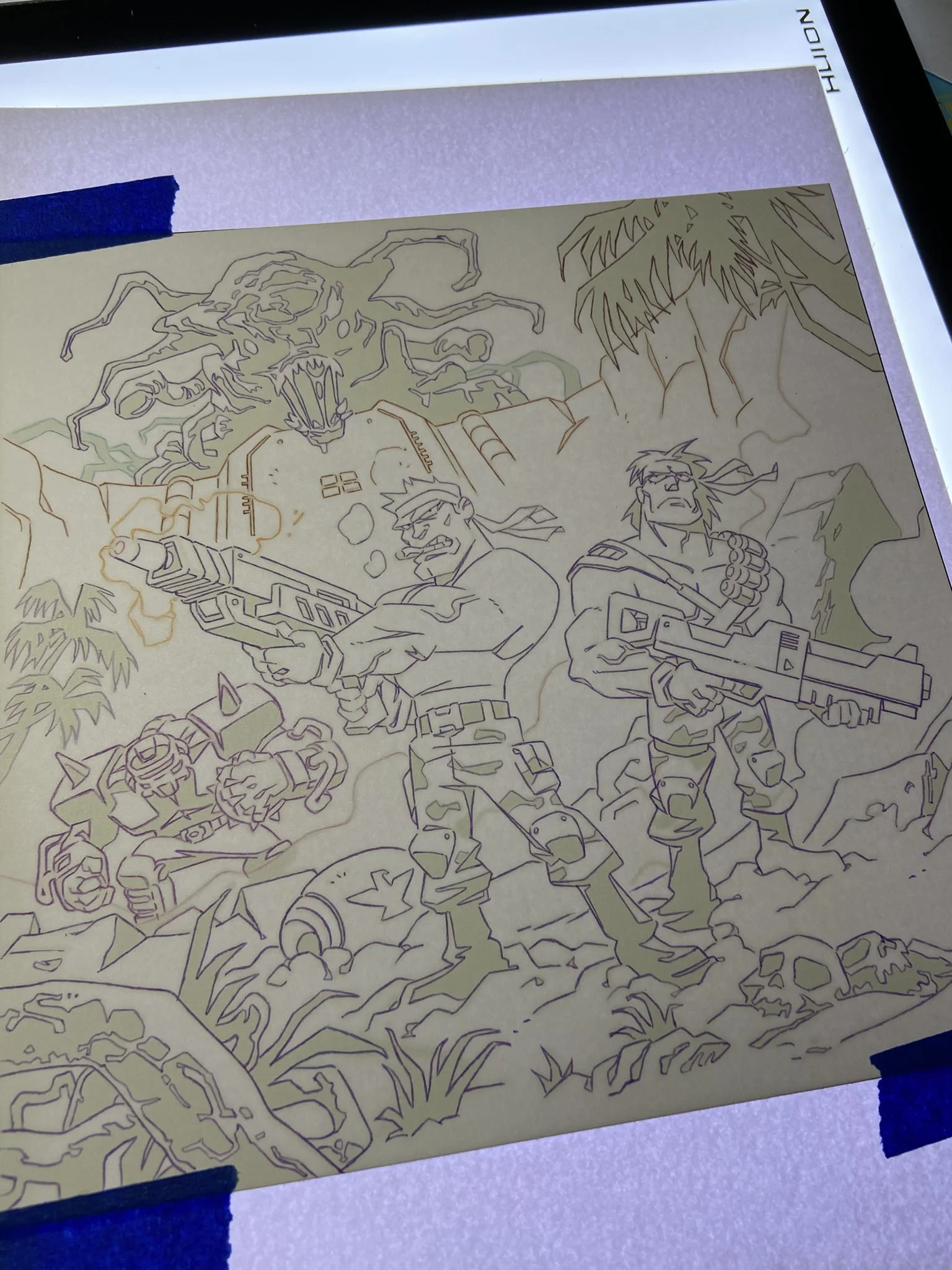 Using a light pad to trace my rough sketch.
