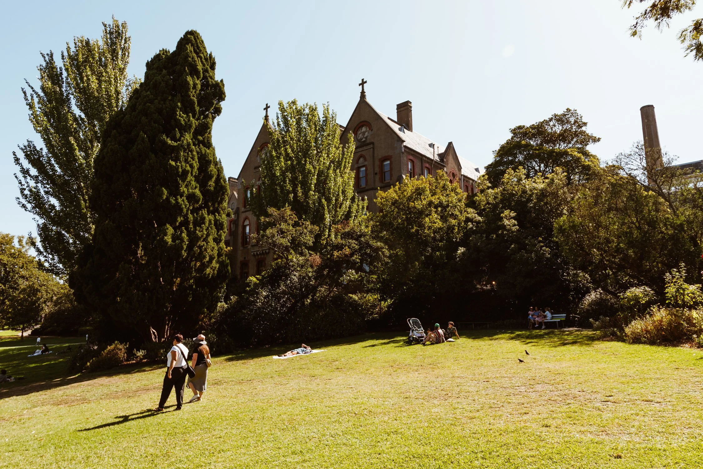 Park with people relaxing on grass, walking, and sitting on benches, with a large historic building and trees in the background on a sunny day.