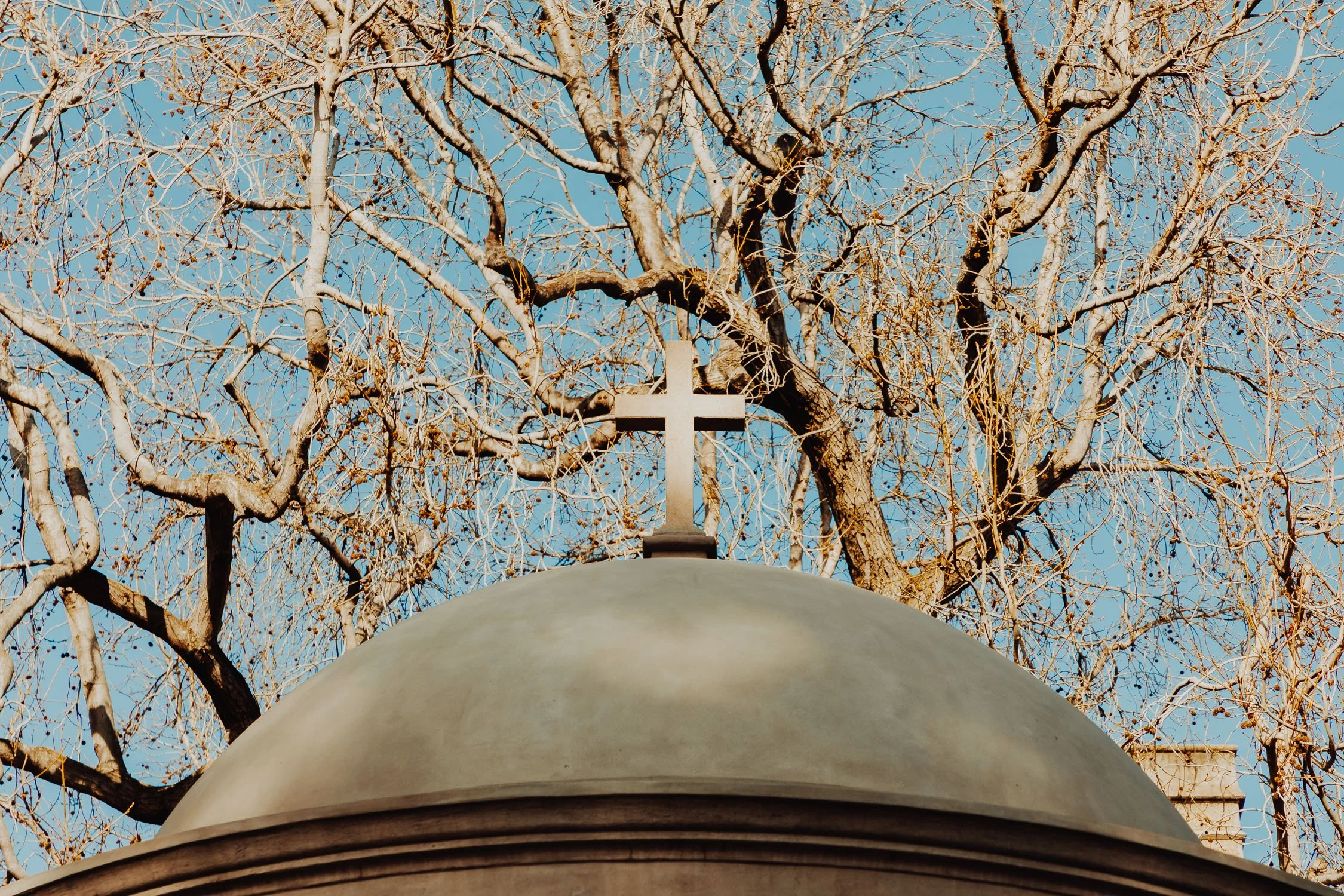A white cross on top of a round dome-shaped structure with a clear blue sky and leafless tree branches in the background.