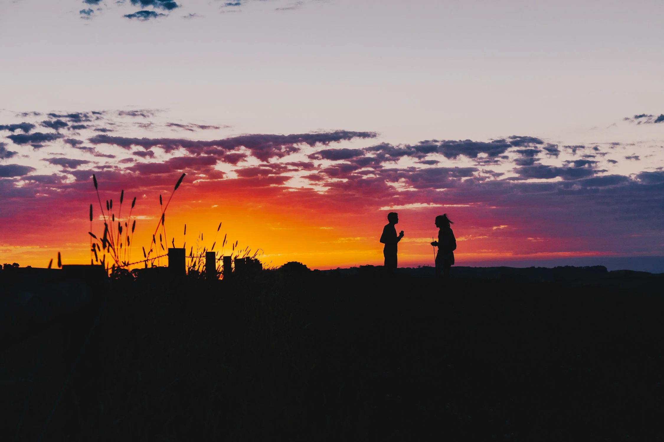 Two people standing and talking during sunset, silhouetted against a colorful sky with orange, pink, and purple hues. There are some plants in the foreground and a few structures in the distance.