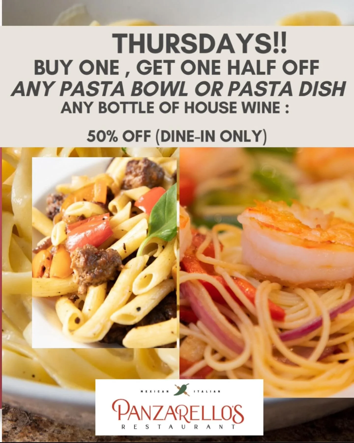 Pasta dishes buy one get one half off!! House wine 50% off bottle!! #buyonegetonehalfoff #pastaspecials #panzarellos #panzarellosrestaurant #eatupland #goodfood #foodies