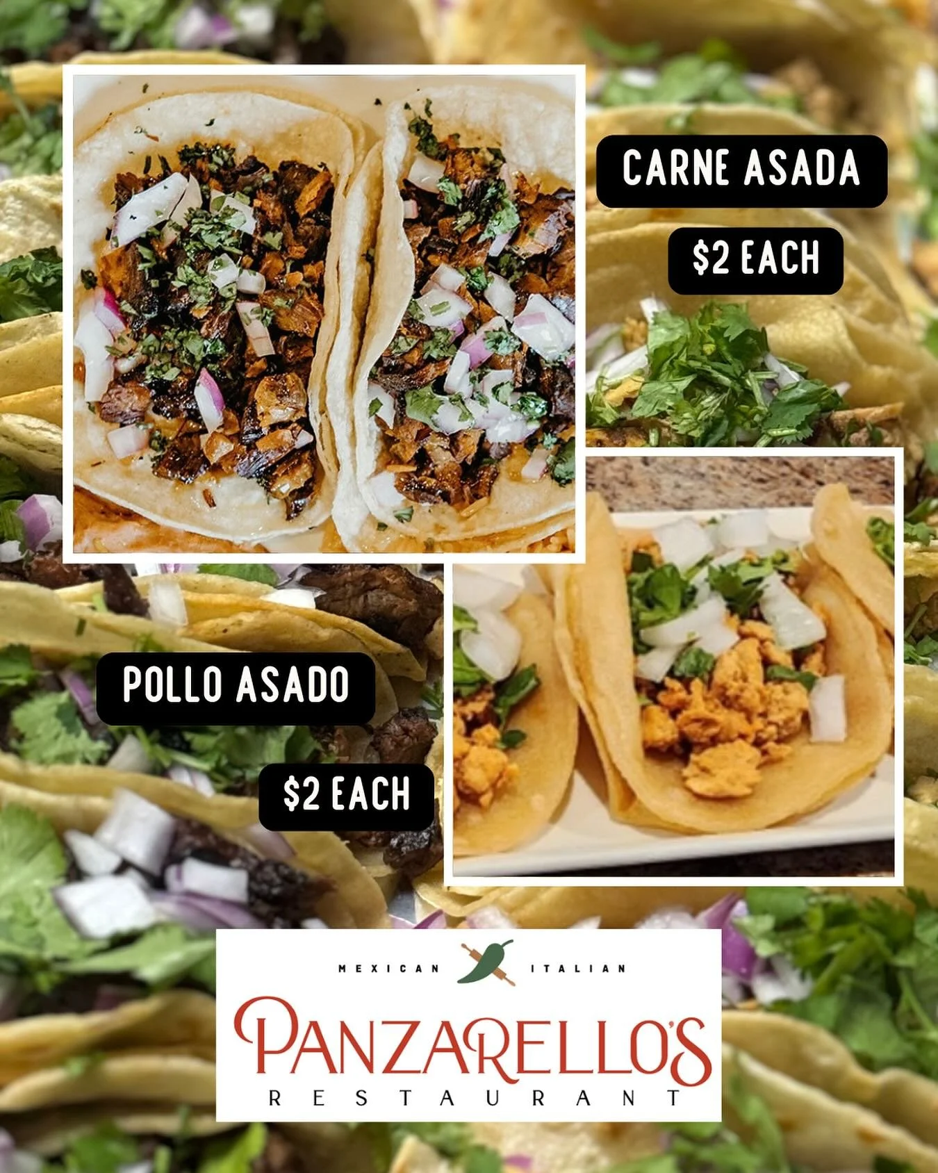 TACO THURSDAY!! Yes our delicious tacos carne asada or pollo asado $2 each! Order in or pick up for dinner! #tacothursday #panzarellos #panzarellosrestaurant #foodies #tacospecials #eatupland