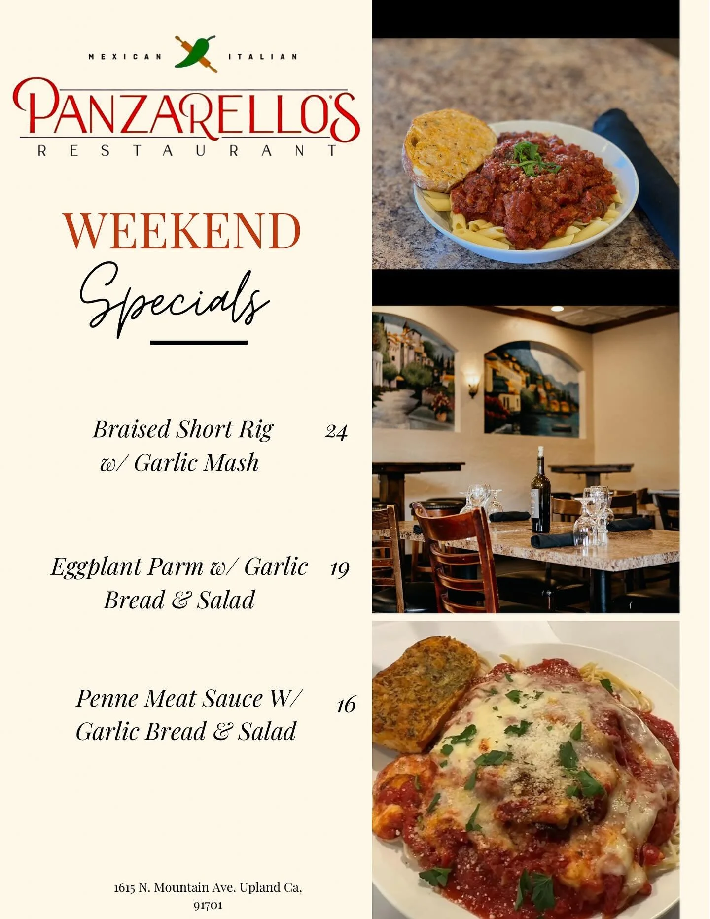 Weekend specials!! #meatsauce #eggplantparm #panzarellos #panzarellosrestaurant #eatupland #foodies