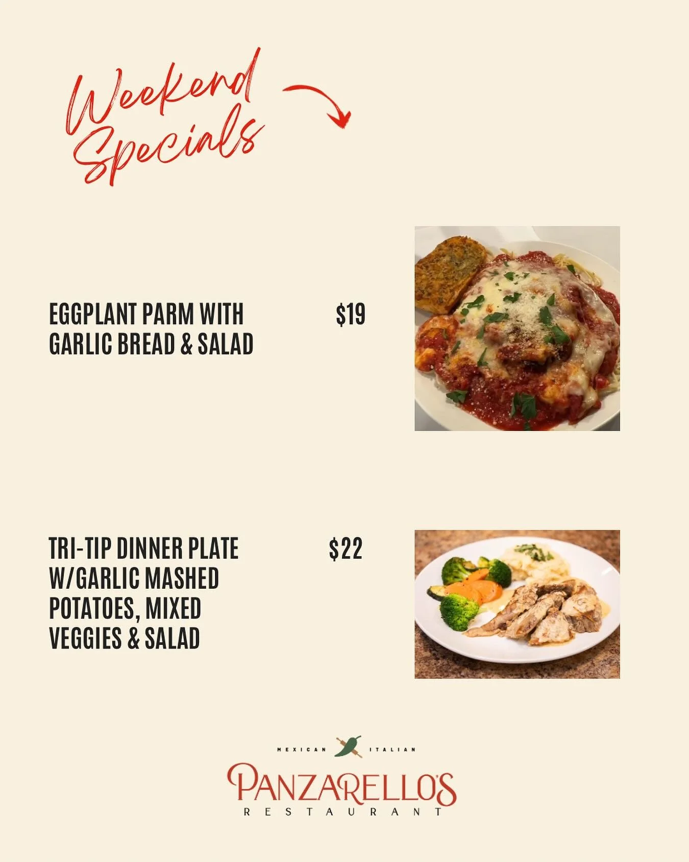 Check out our weekend specials!! #eggplantparm #tritip #tritipdinner #panzarellos #panzarellosrestaurant #foodies #eatupland #familyowned